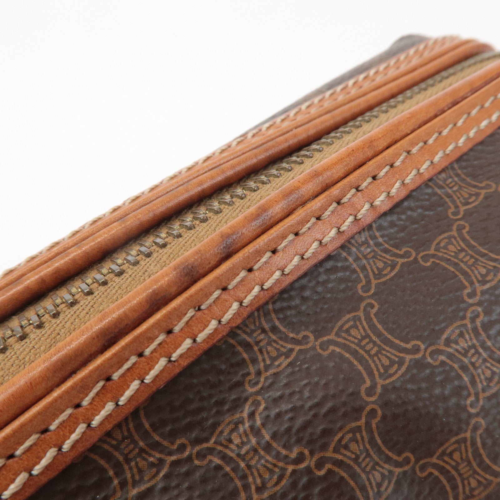 CELINE Macadam PVC Leather Canvas Pouch Brown Gold Hardware