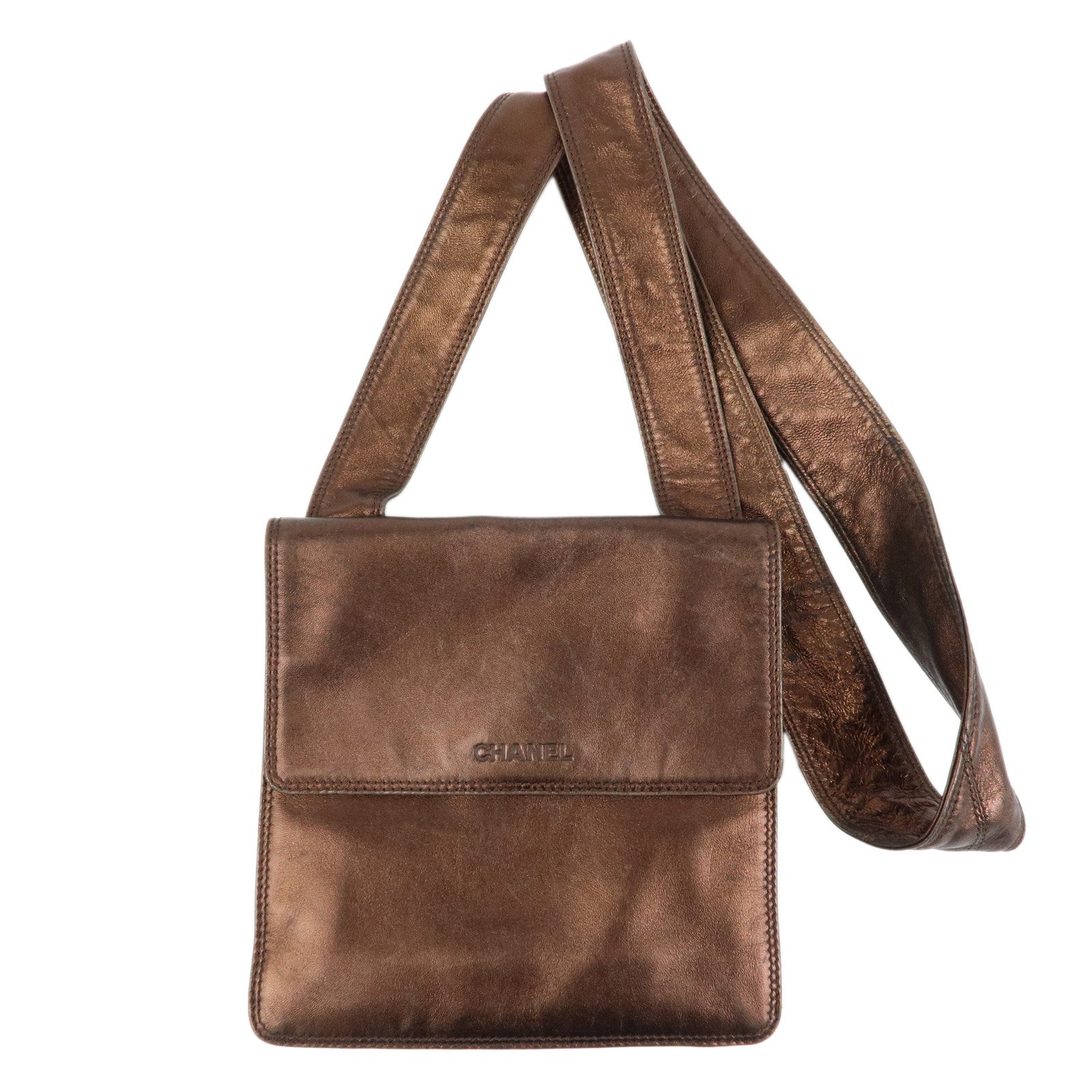 CHANEL Calf Leather Shoulder Bag Flap Crossbody Bag Metallic Brown