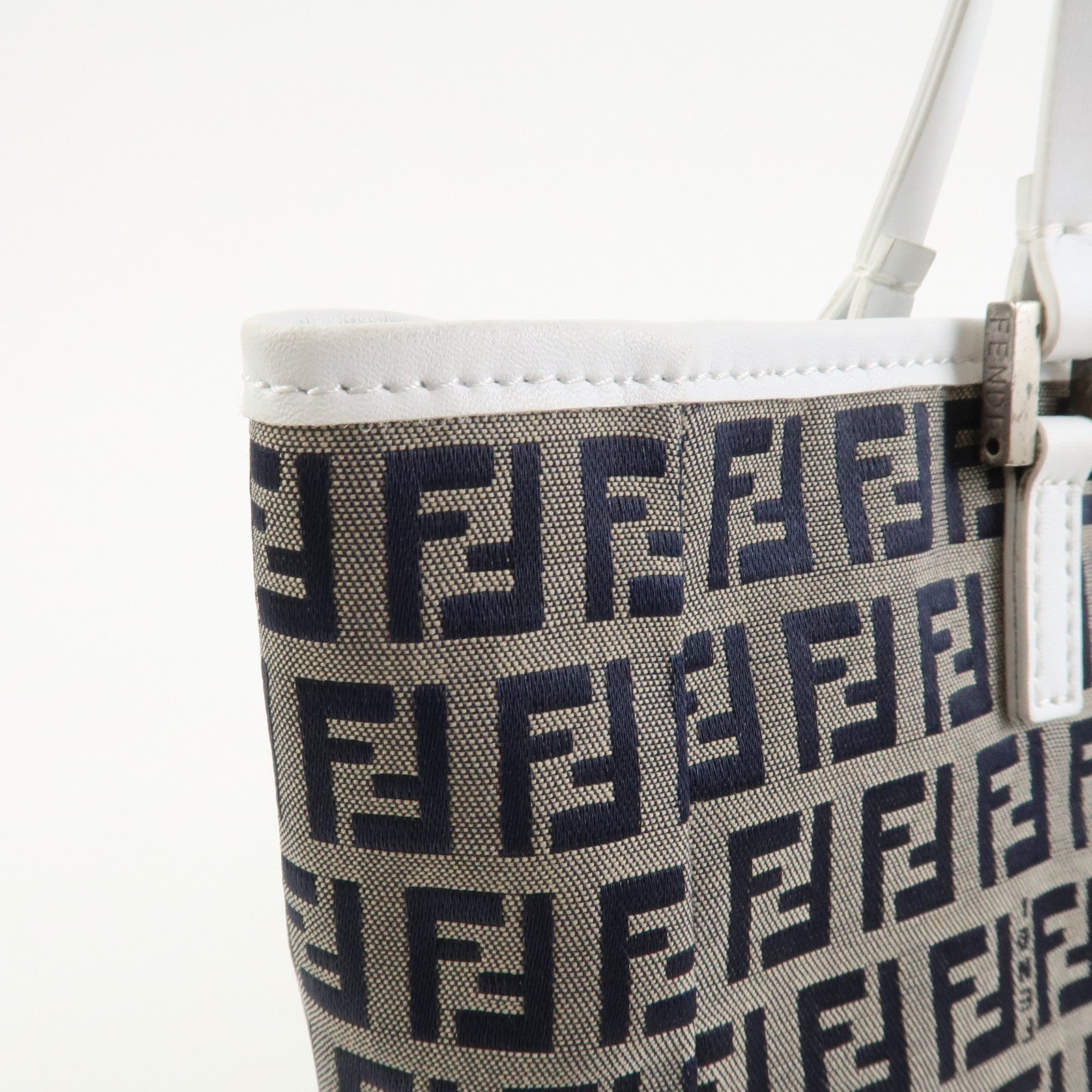 FENDI Zucchino Canvas Leather Tote Bag Hand Bag Navy 8BH006