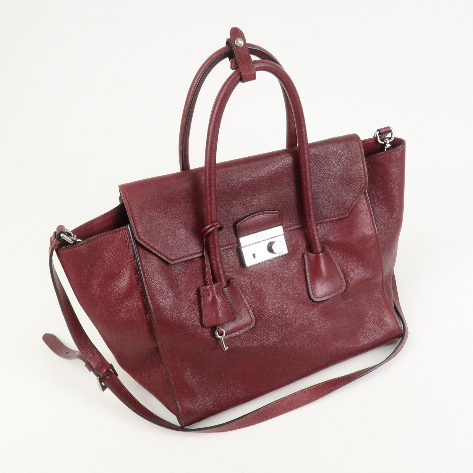 PRADA Leather 2Way Bag Flap Tote Bag Hand Bag Bordeaux
