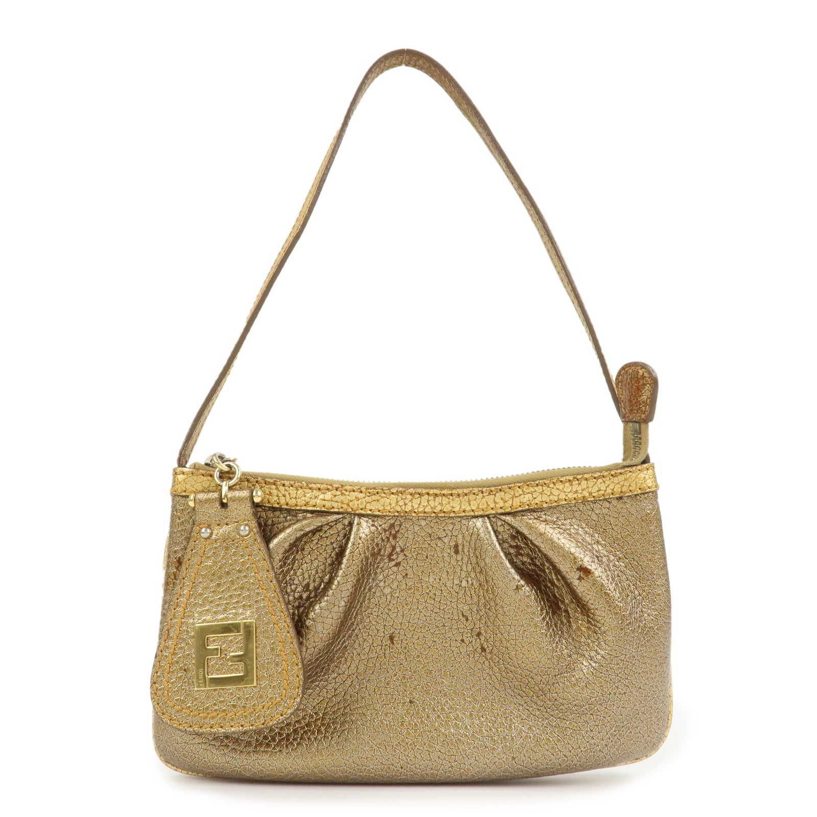 FENDI Leather Accessory Pouch Hand Bag Shoulder Bag Gold 8BR566