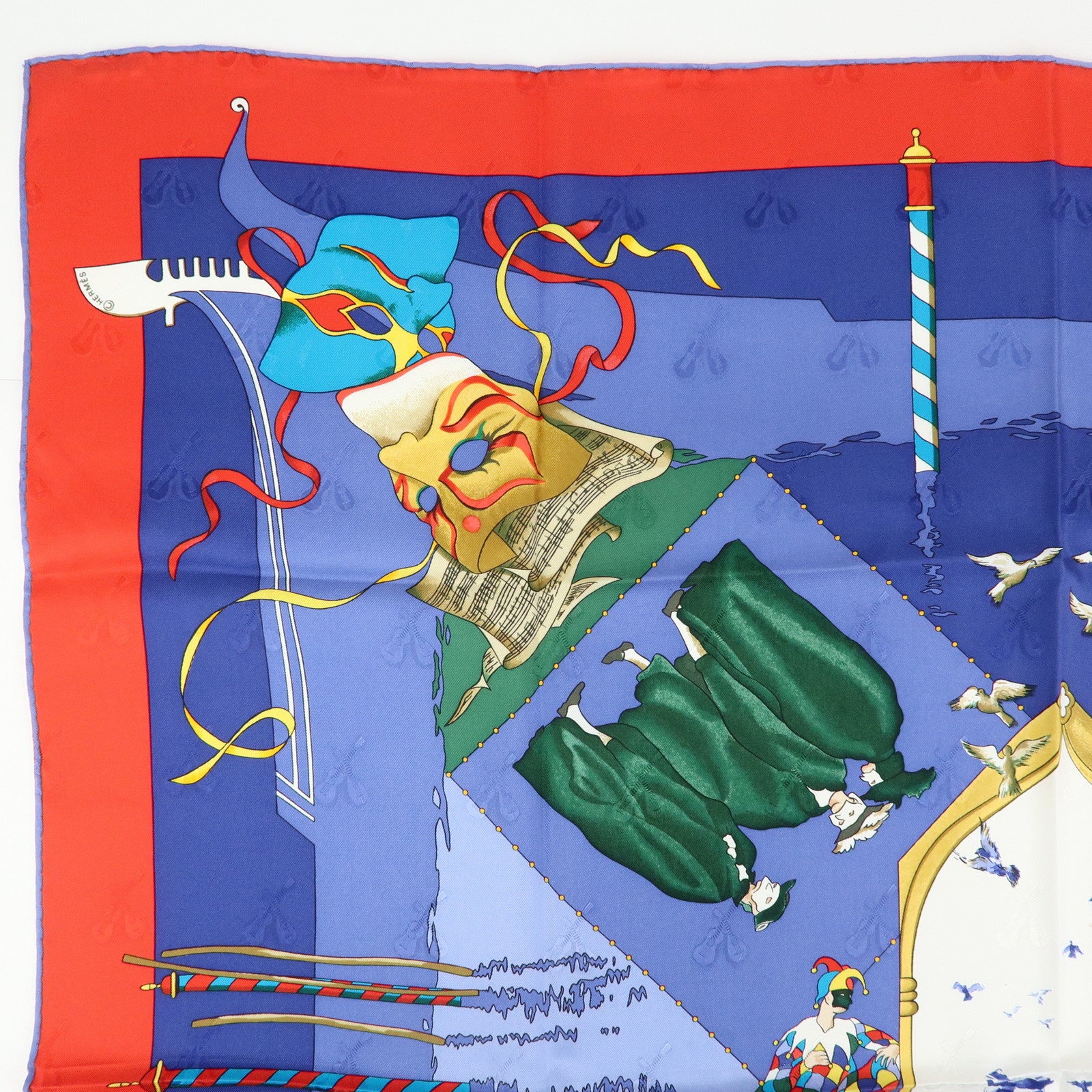 HERMES Carre 90 Silk 100% Scarf LE CARNAVAL DE VENISE Blue Red
