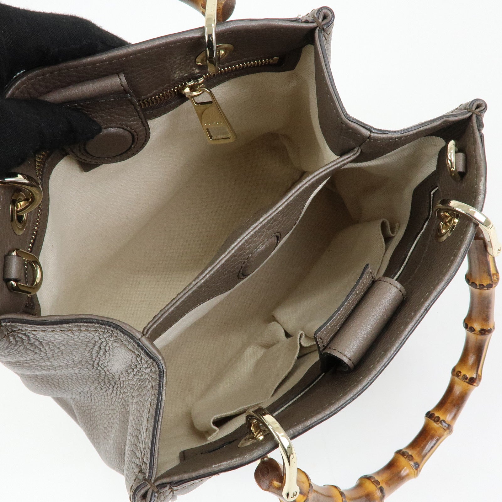 GUCCI Bamboo Leather Shopper Small 2Way Bag Greige 336032