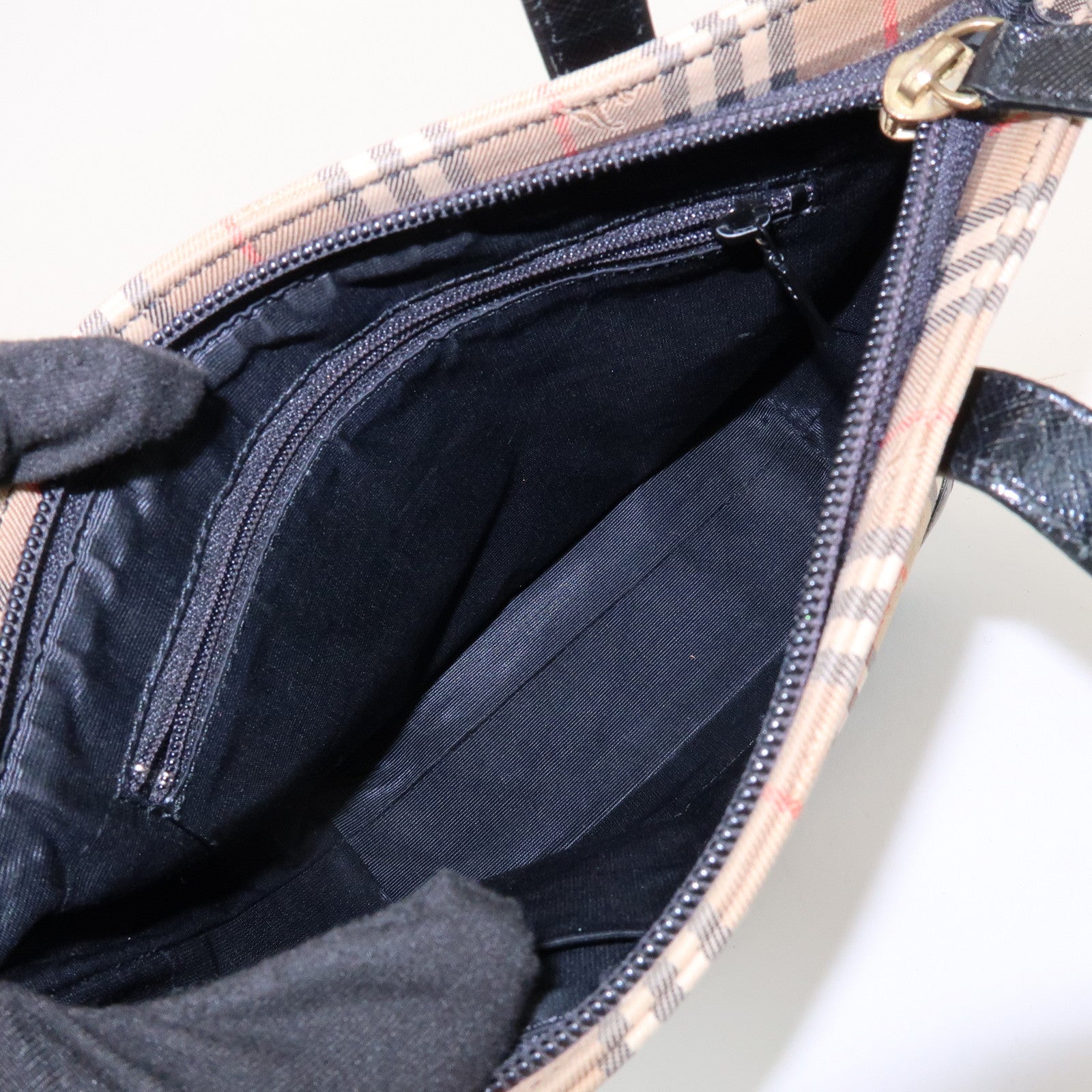 BURBERRY Nova Plaid Canvas Leather Small Hand Bag Black Beige