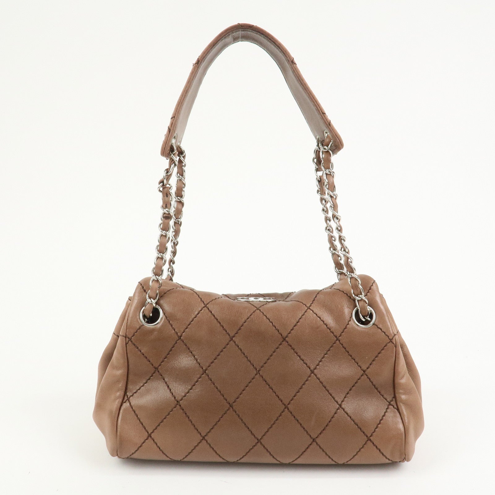 CHANEL Wild Stitch COCO Mark Lamb Skin Shoulder Bag Pink Beige