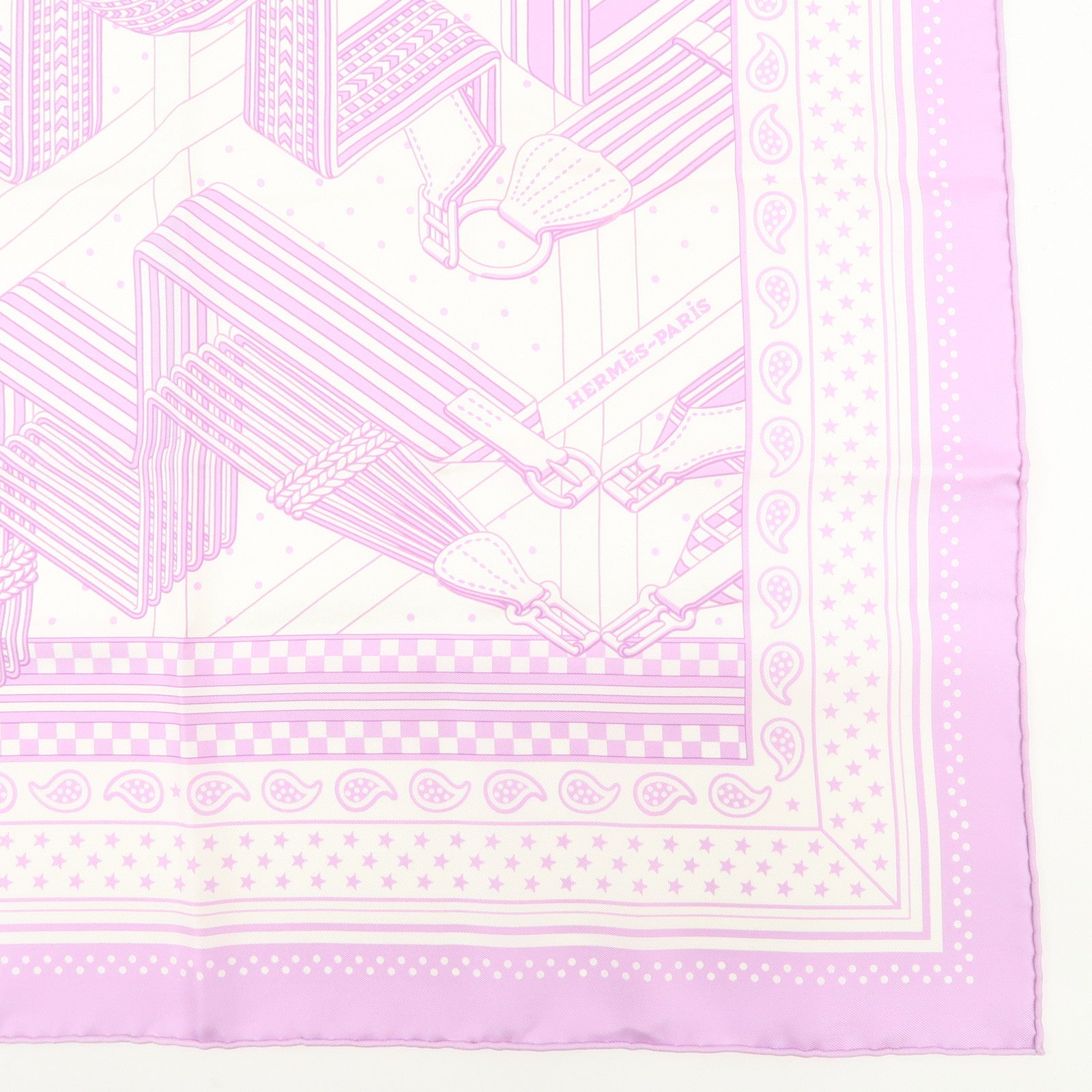 HERMES Carre 55 Silk 100% Scarf SANGLEA EN ZIGZAG Purple White