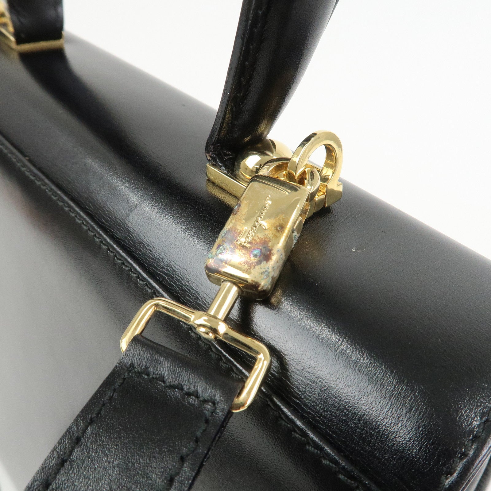 Ferragamo Gancini Logo Leather 2Way Bag Hand Bag Shoulder Bag Black