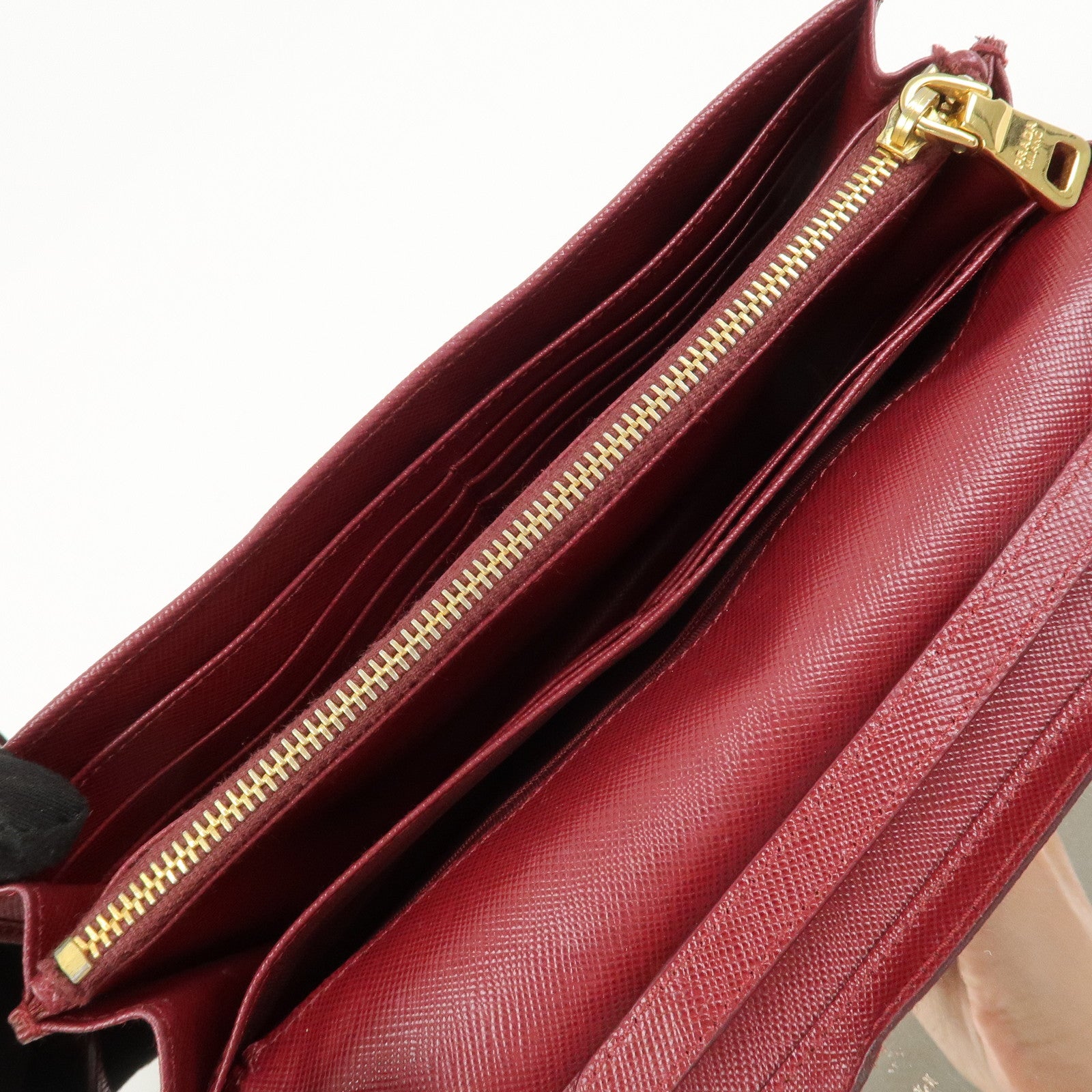PRADA Saffiano Leather Shoulder Wallet Red Gold BT1019