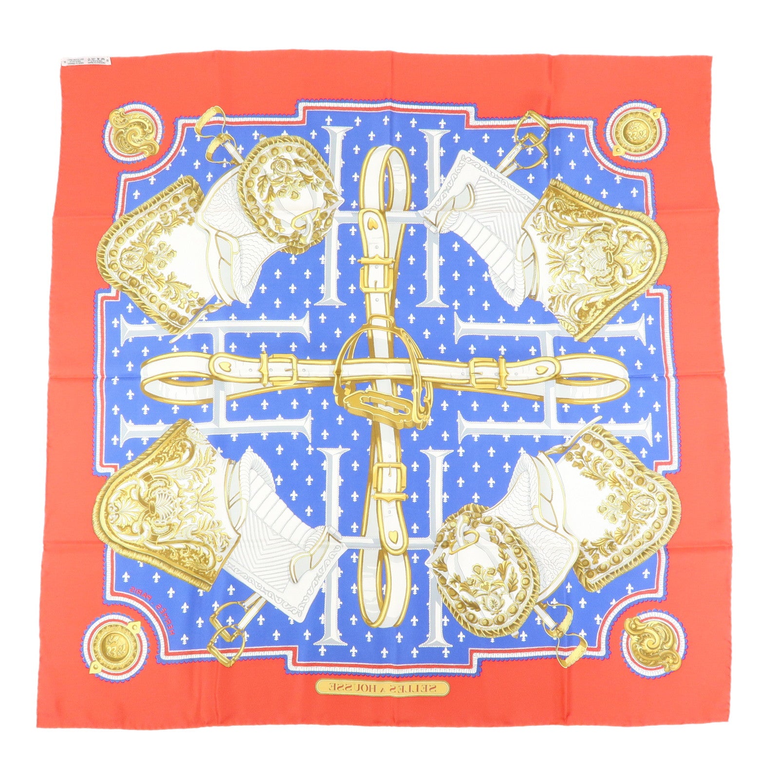 HERMES Carre 90 Silk 100% Scarf SELLES A HOUSSE Blue White Gold Red
