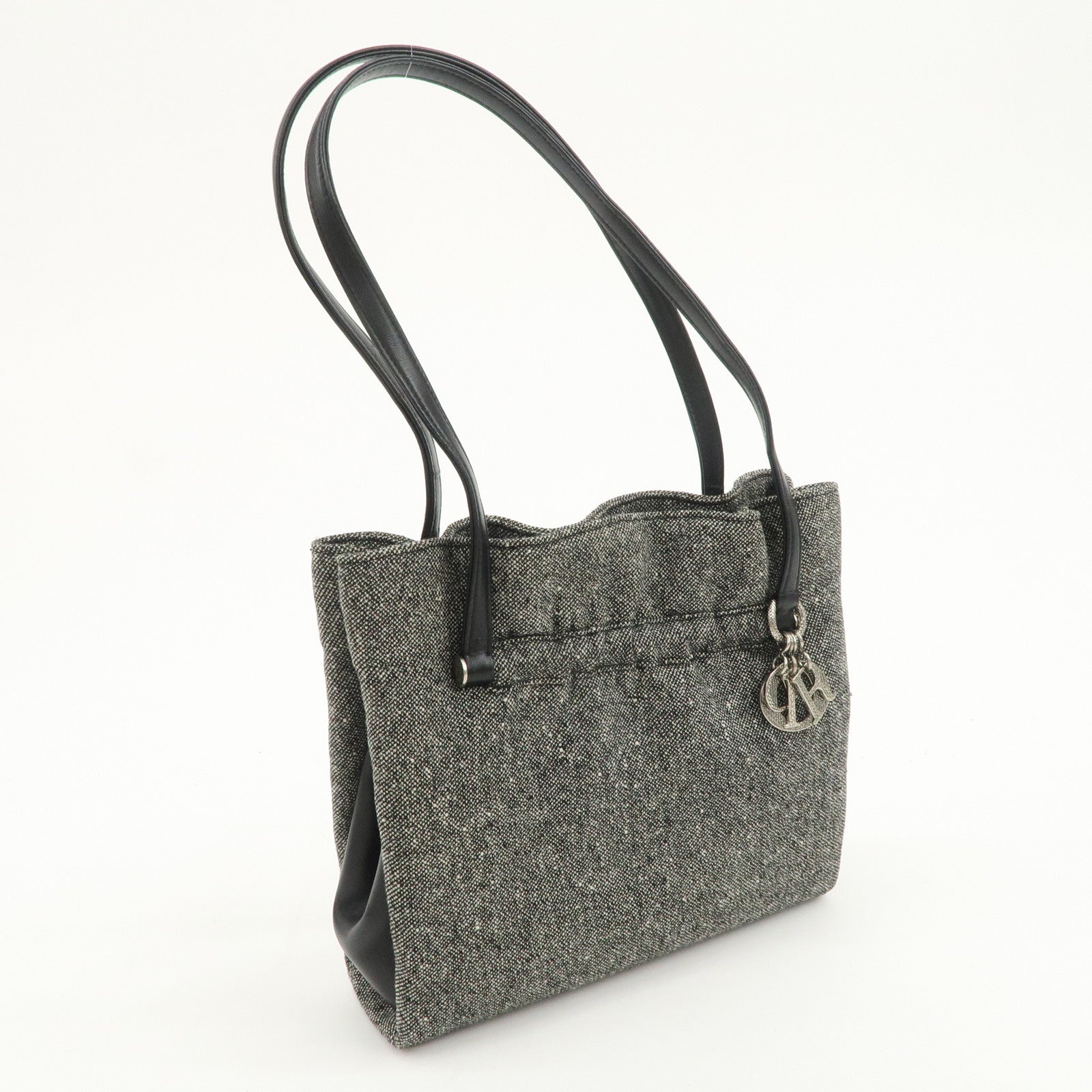Christian Dior Logo Tweed Leather Shoulder Bag Hand Bag Black