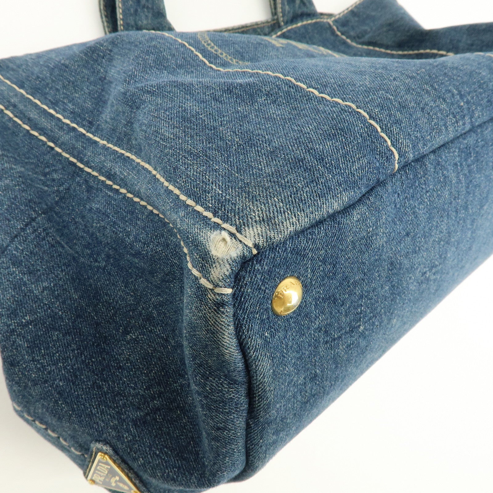 PRADA Logo Canapa Canvas Denim Large Tote Hand Bag Blue BN1872
