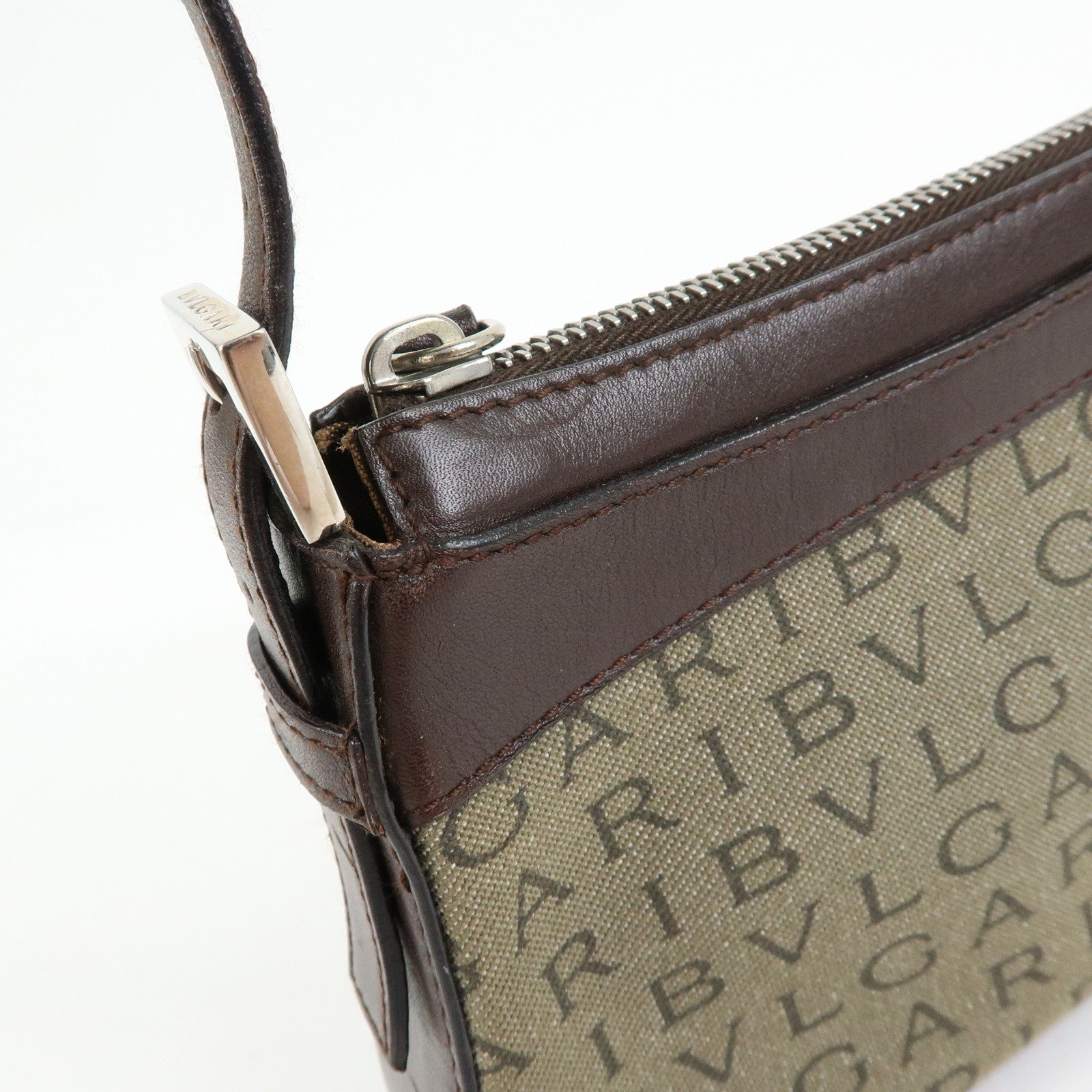 BVLGARI Logo Mania Canvas Leather Shoulder Bag Hand Bag Khaki