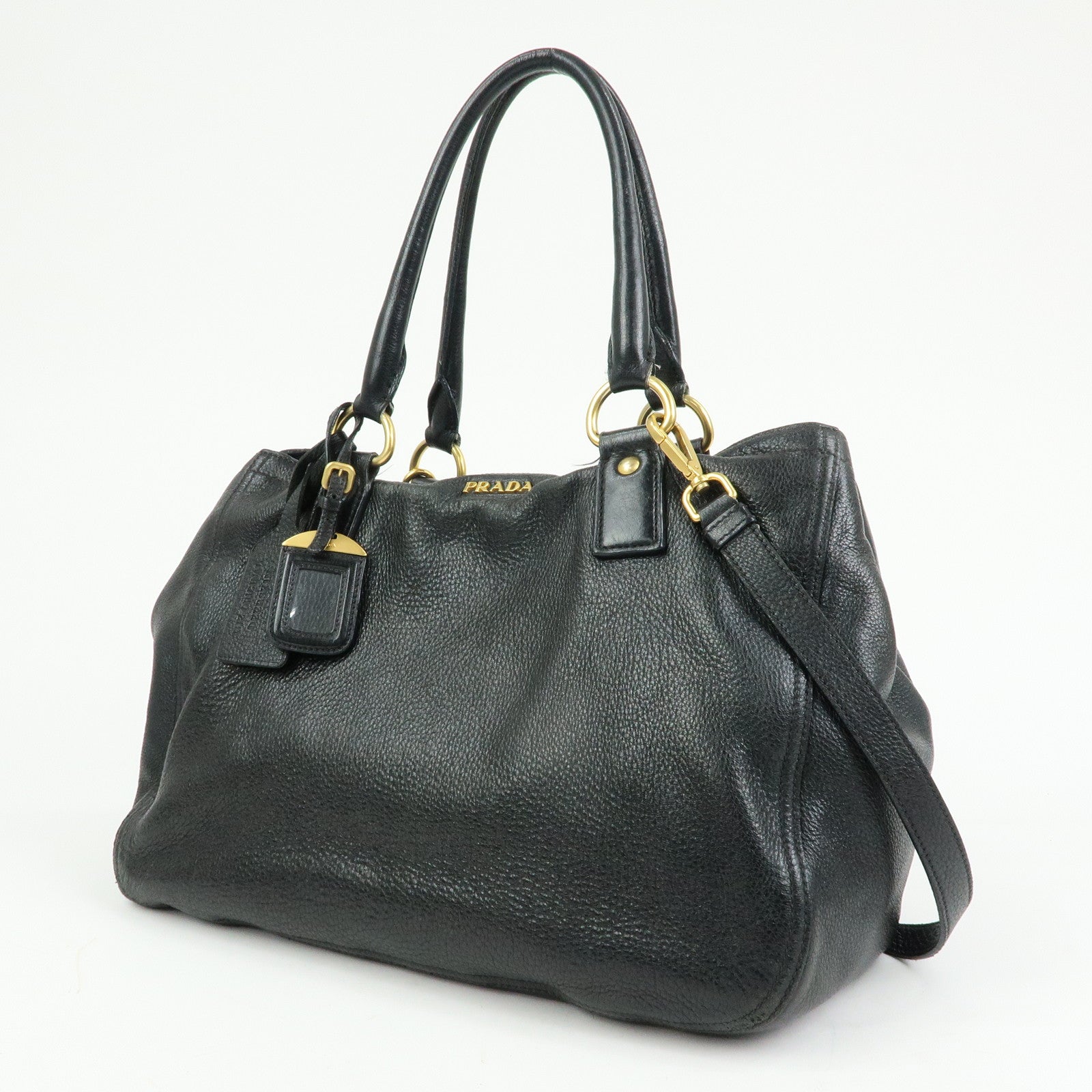 PRADA Logo Leather 2Way Bag Hand Bag Shoulder Bag Black BR4083