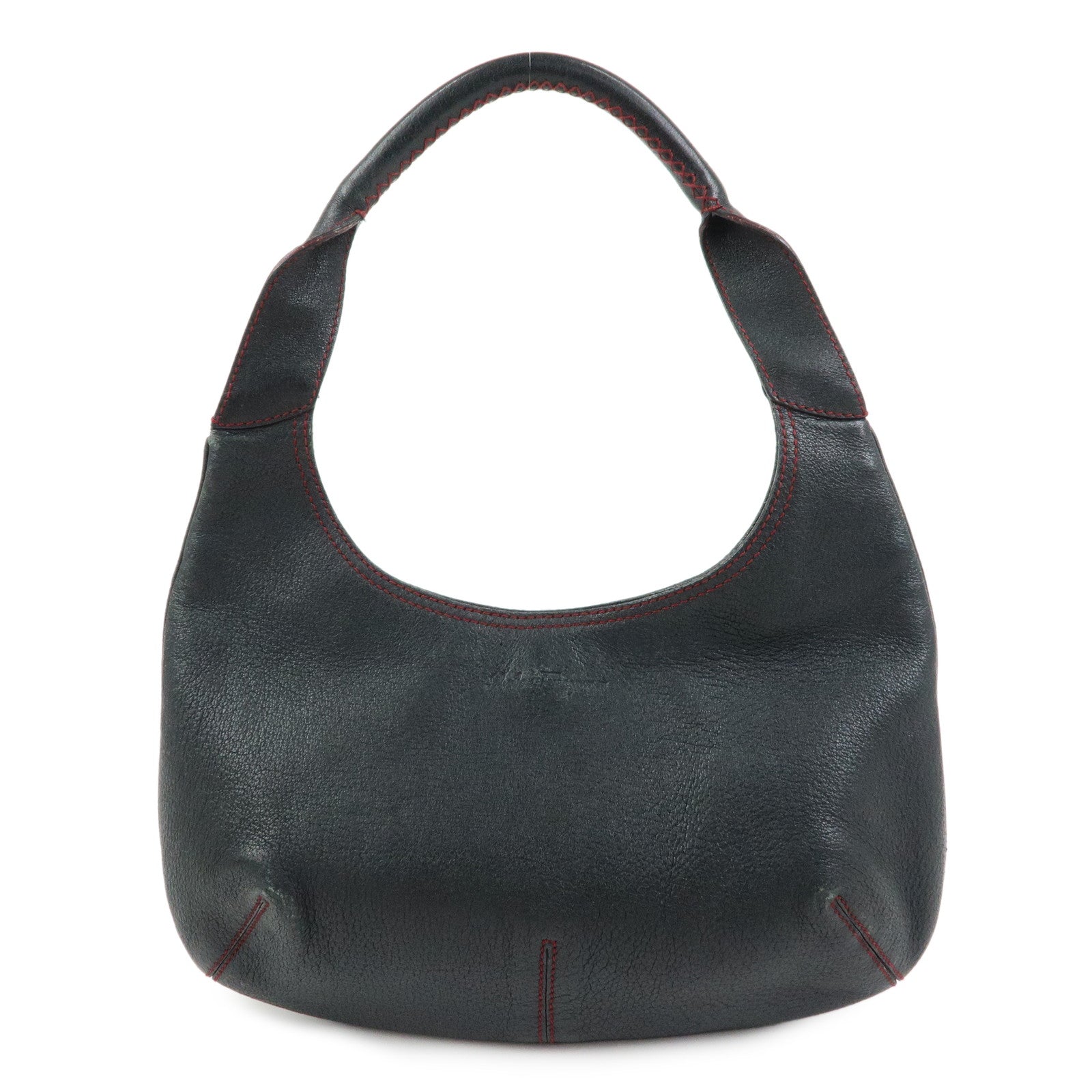 Ferragamo Leather Red Stich Shoulder Bag Hand Bag Black