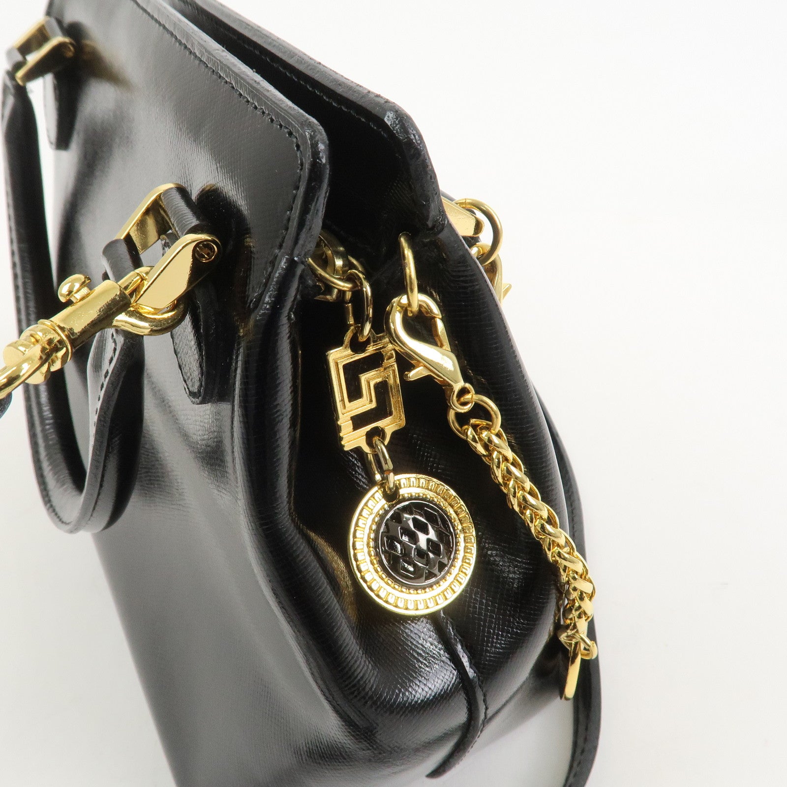 VERSACE Leather 2Way Hand Bag Shoulder Bag Black Gold