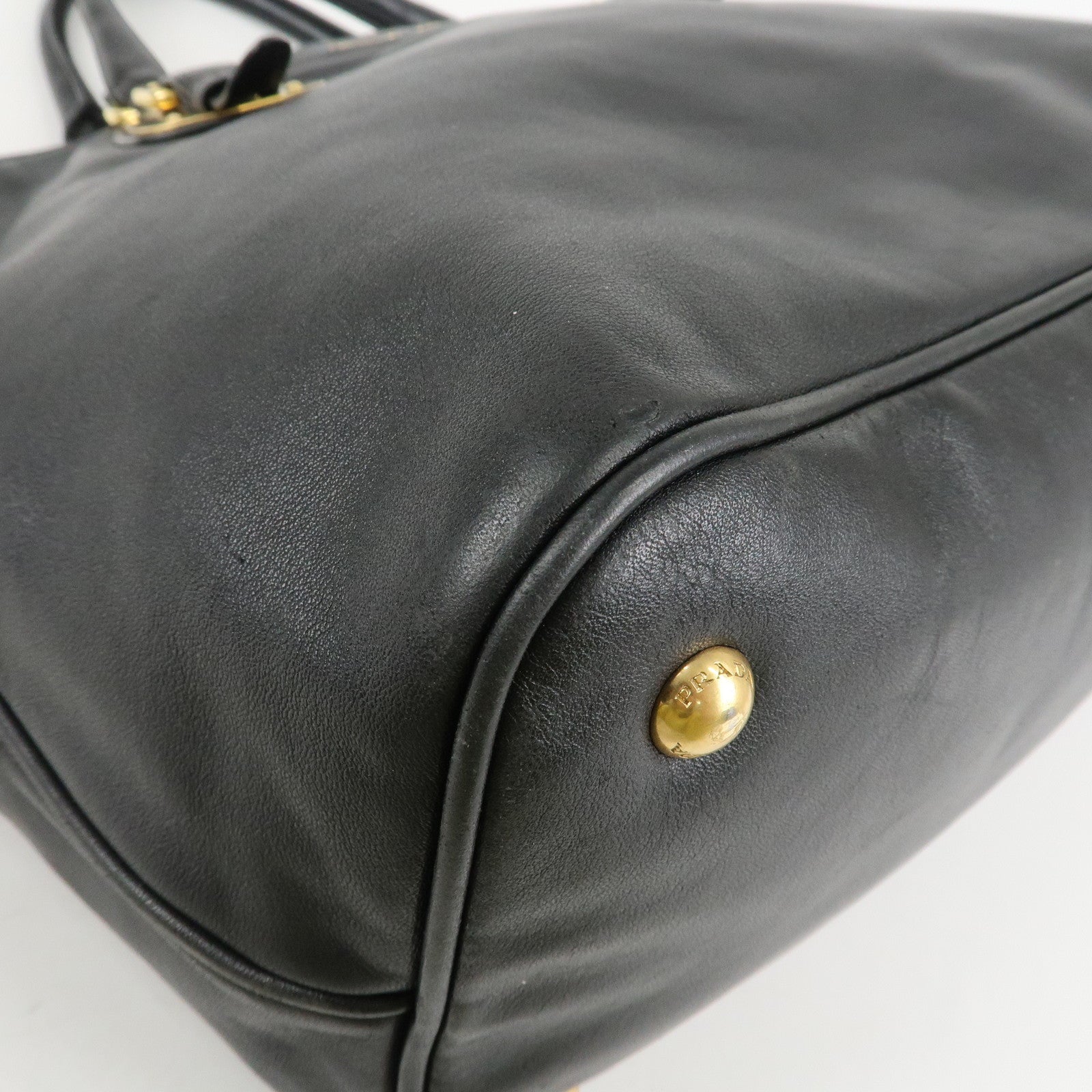 PRADA Logo Calf Leather 2Way Tote Bag Hand Bag Black Gold HDW BN1902 Used