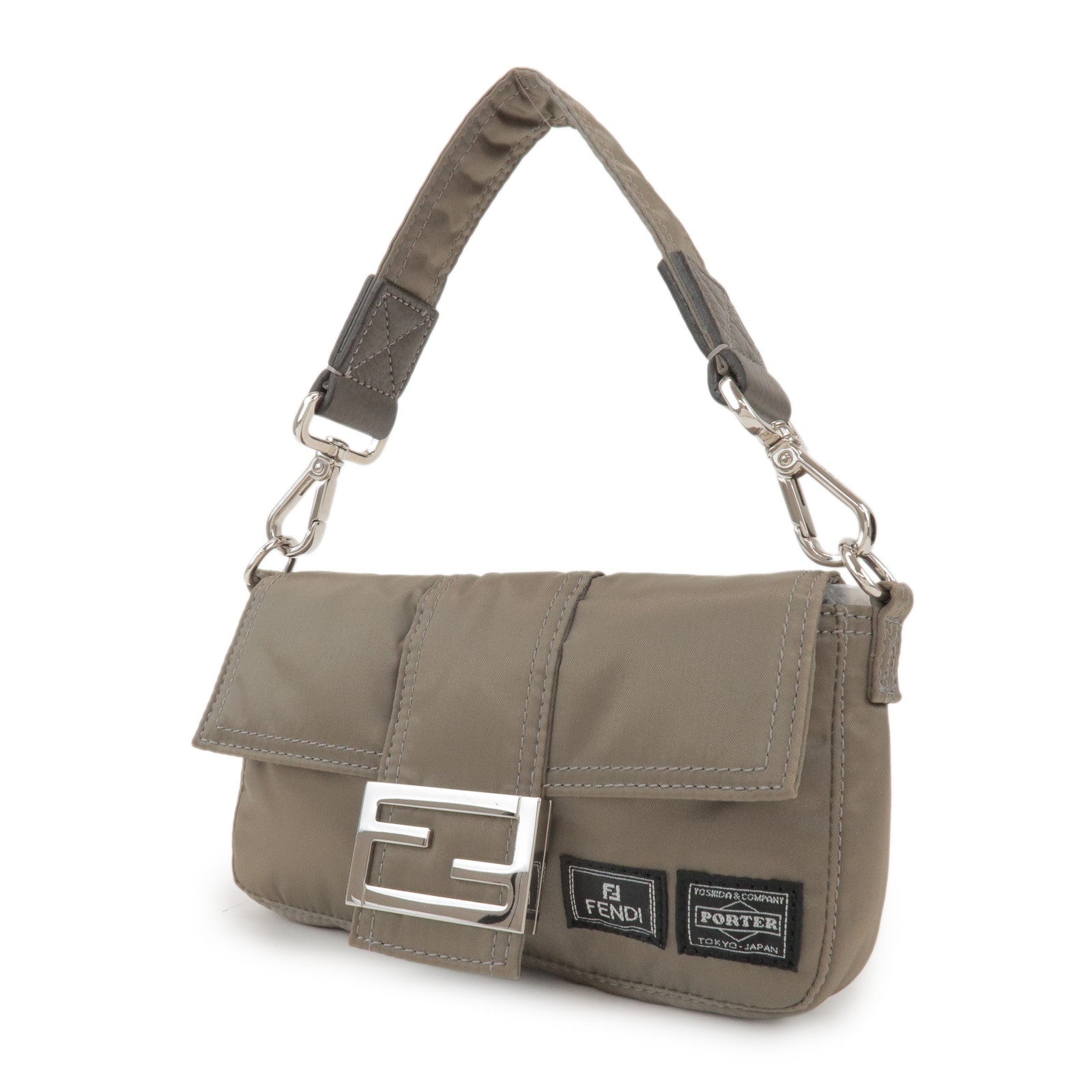 FENDI × PORTER Nylon Leather Baguette Mini 2WAY Bag Grey 7AS138