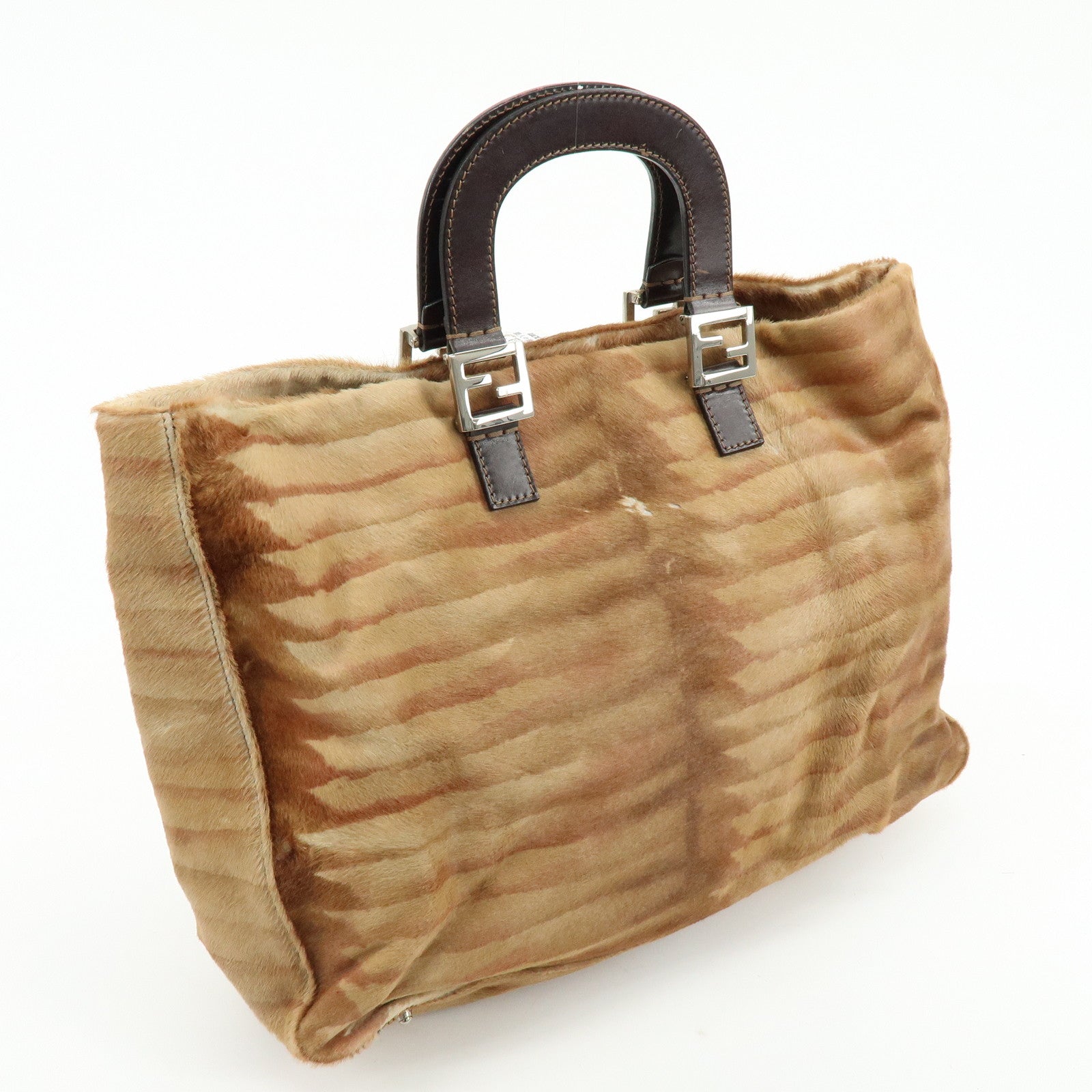 FENDI Calf Hair Leather Animal Pattern Tote Bag Hand Bag Brown