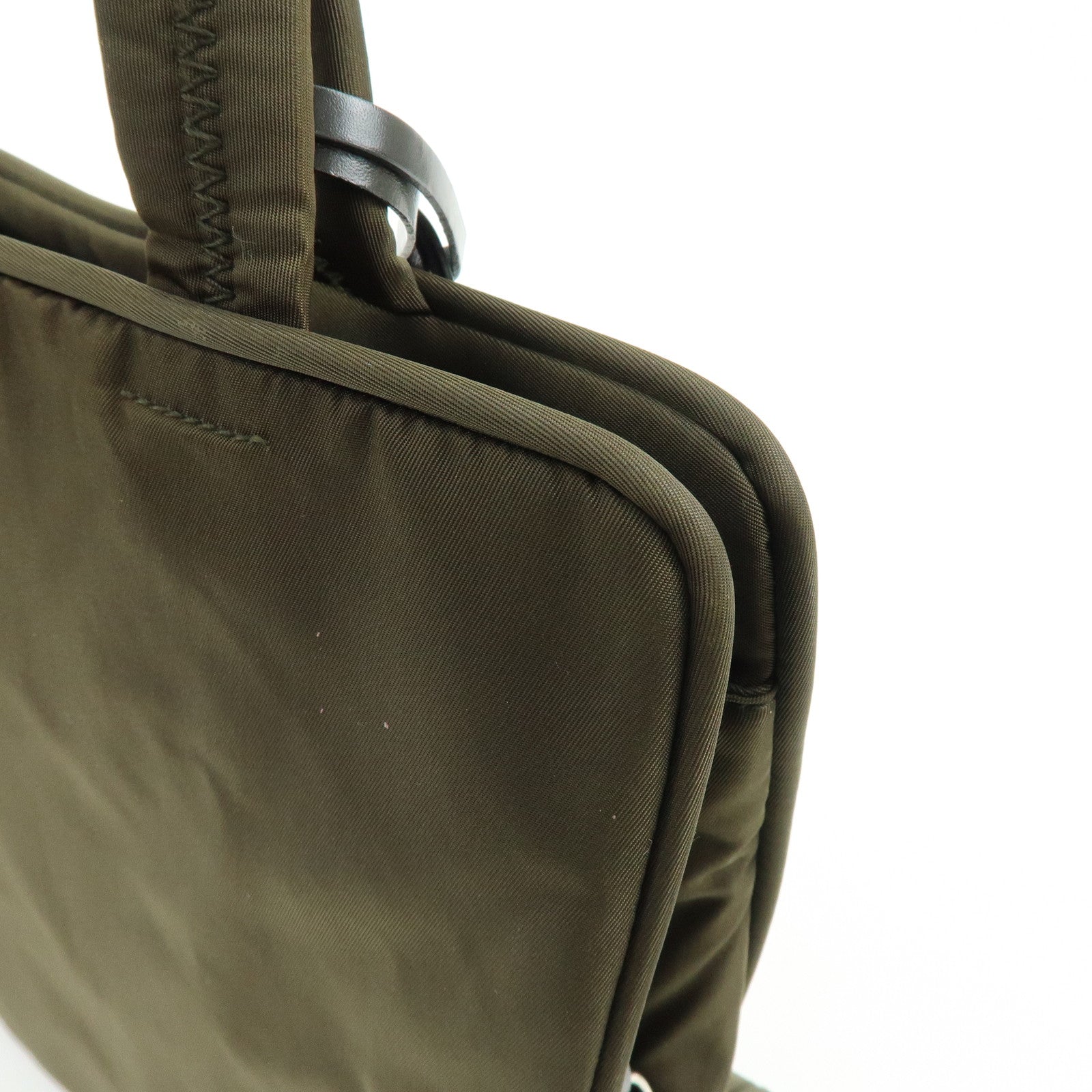 PRADA Triangle Logo Nylon Leather Tote Bag Hand Bag Khaki