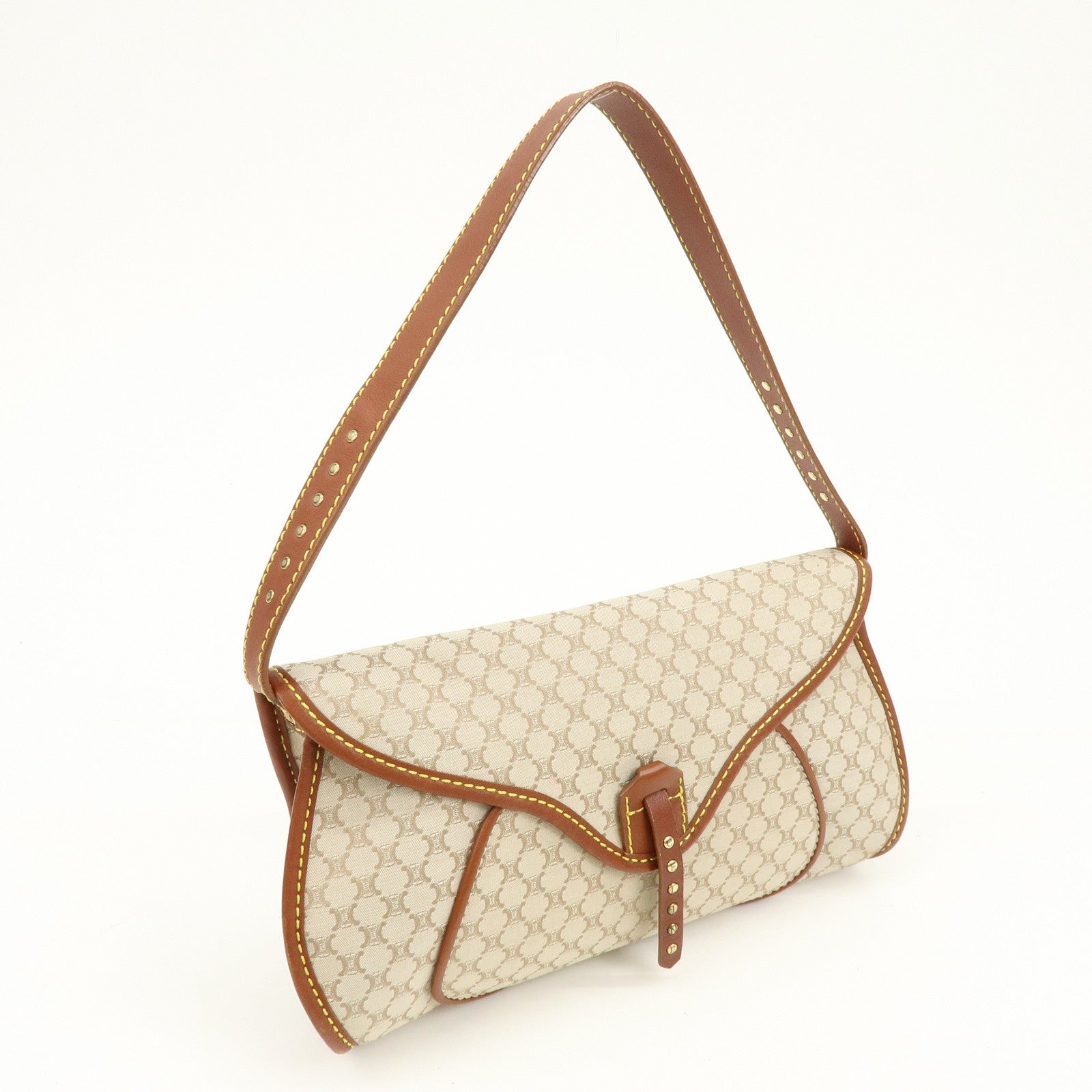 CELINE Macadam Canvas Leather Hand Bag Shoulder Bag Beige Brown