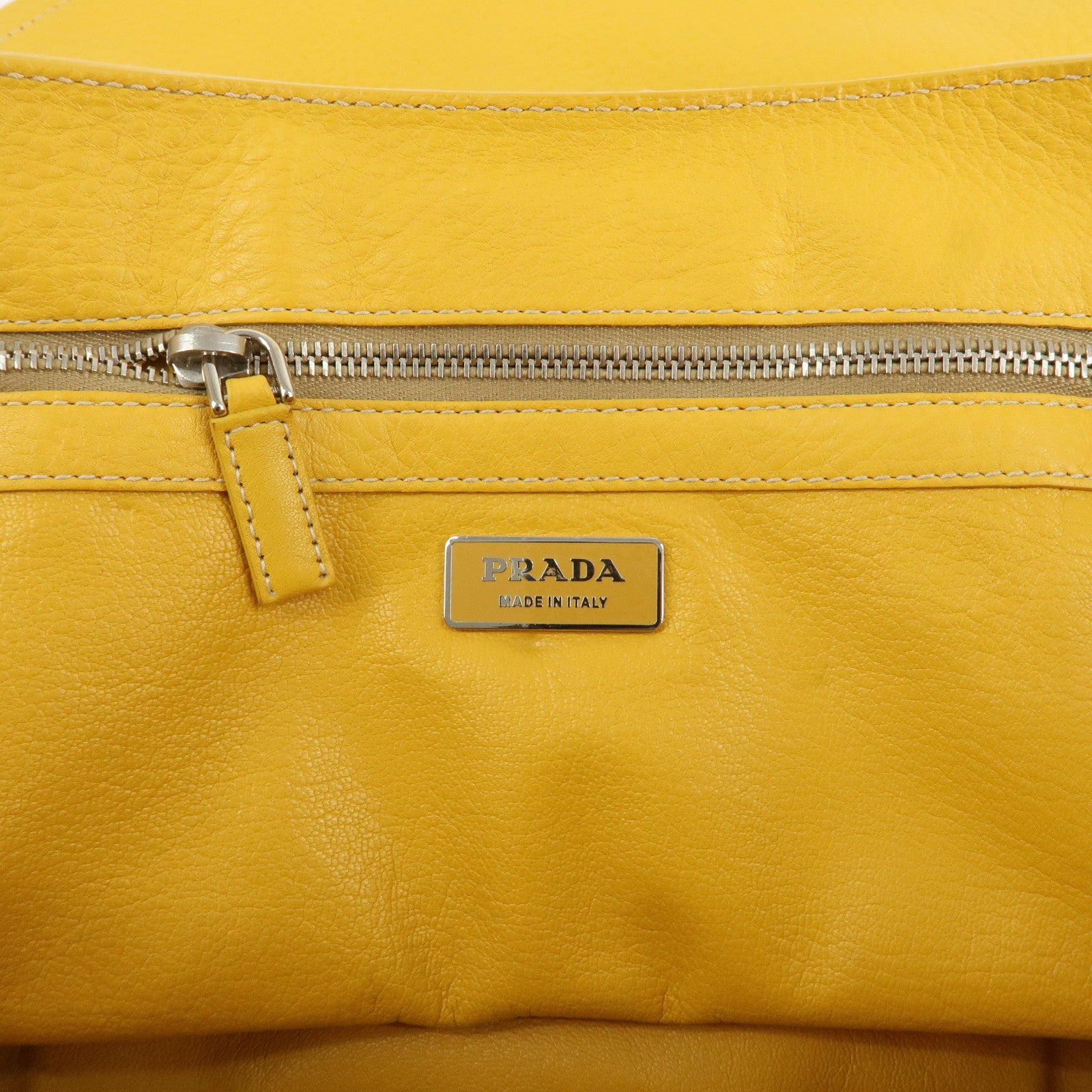 PRADA Triangle Logo Leather Raffia Tote Bag Beige Yellow Used