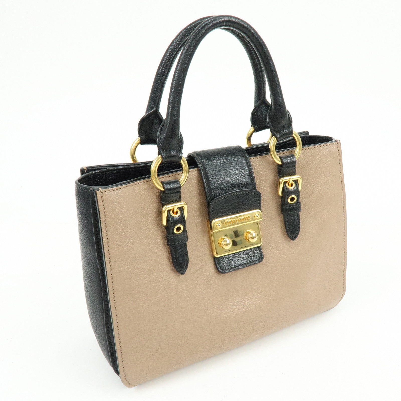 MIU MIU Madras Leather 2Way Hand Bag Bi-color Beige Black RN0799