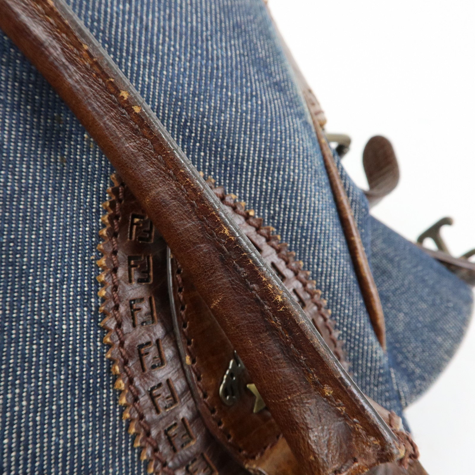 FENDI Etnico Denim Leather Shoulder Bag Indigo Blue Brown 8BN157