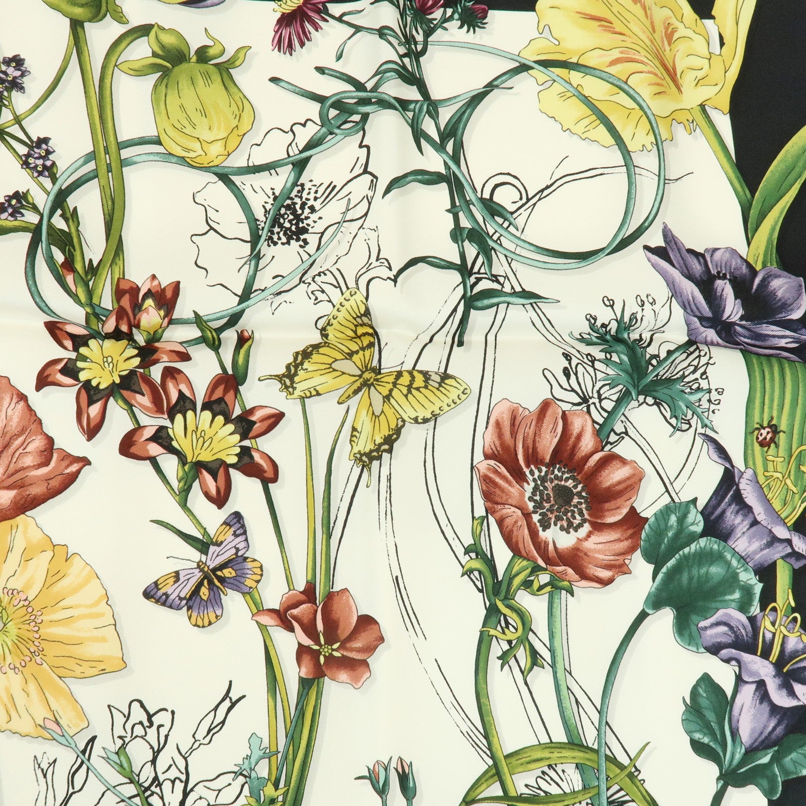 GUCCI Flora Silk 100% Scarf Flower PrintWhite Black Yellow