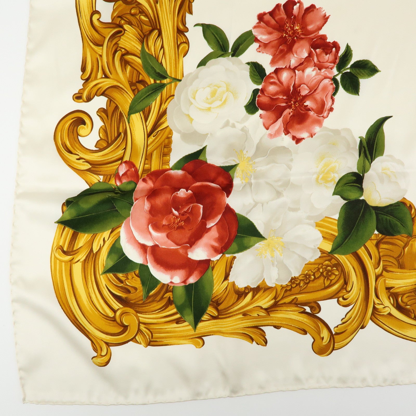 CHANEL Silk 100% Scarf Flower Print White Red Gold