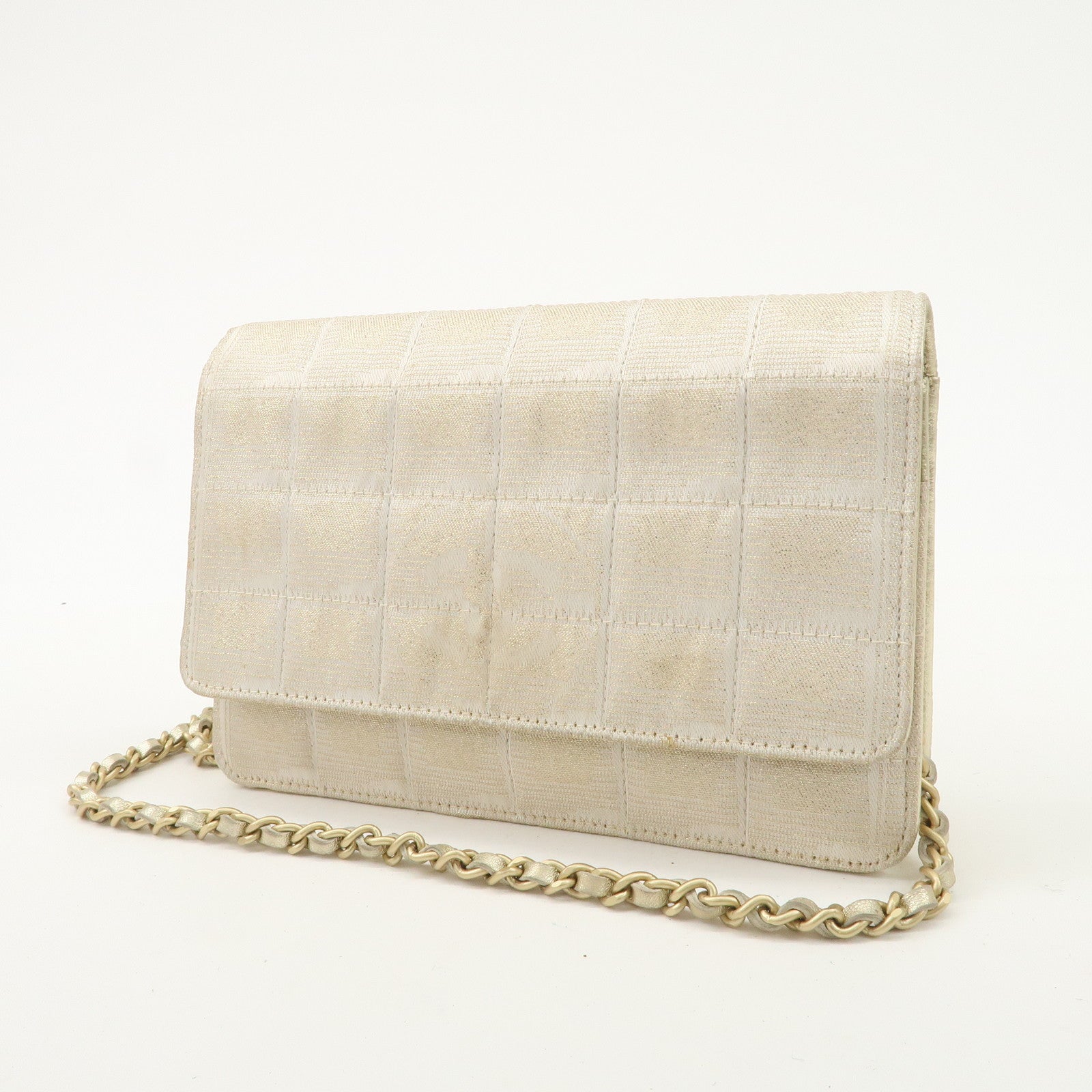 Chanel New Travel Line Nylon Jacquard Leather Chain Wallet Gold A15772 Used