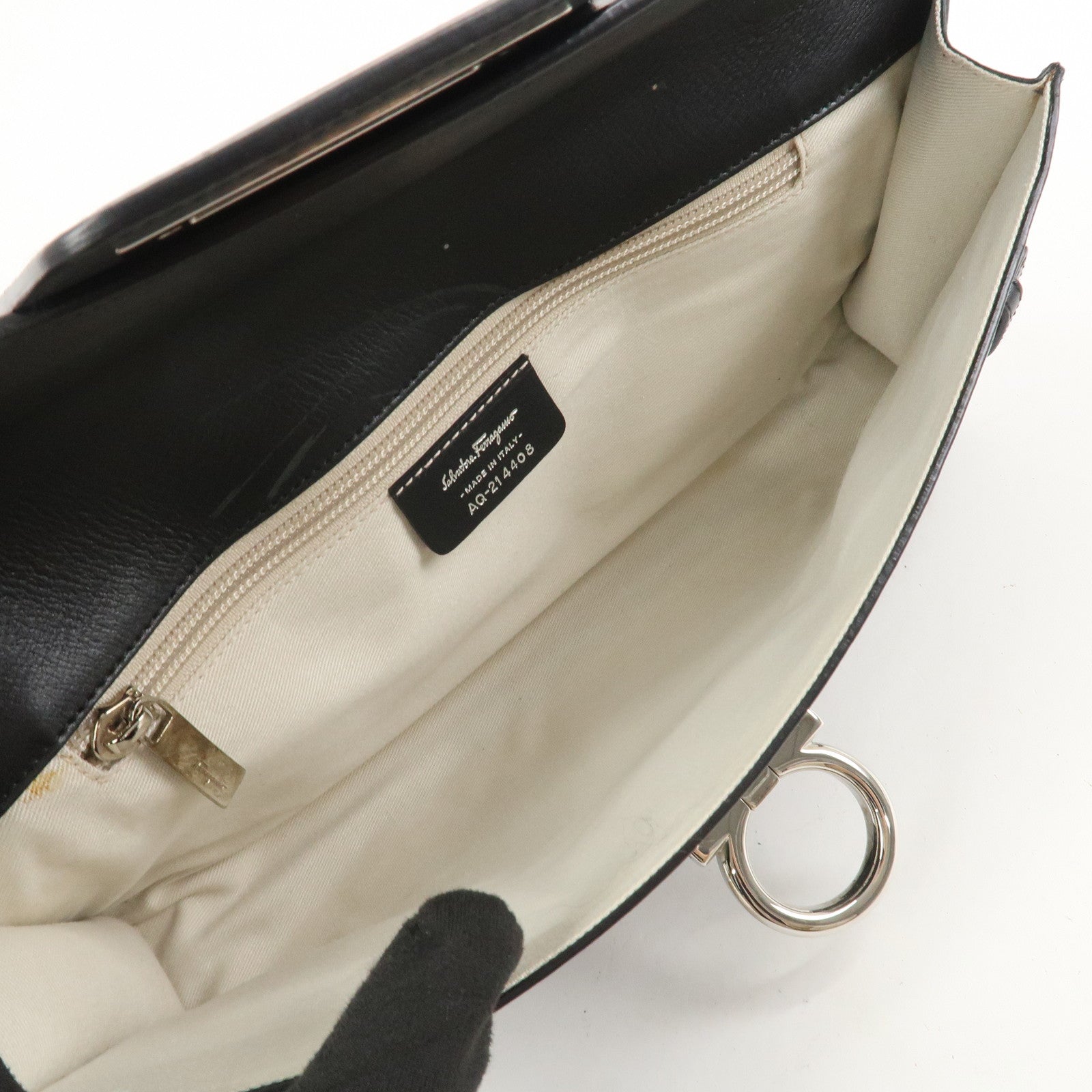 Ferragamo Gancini Leather 2Way Bag Hand Bag Shoulder Bag Black