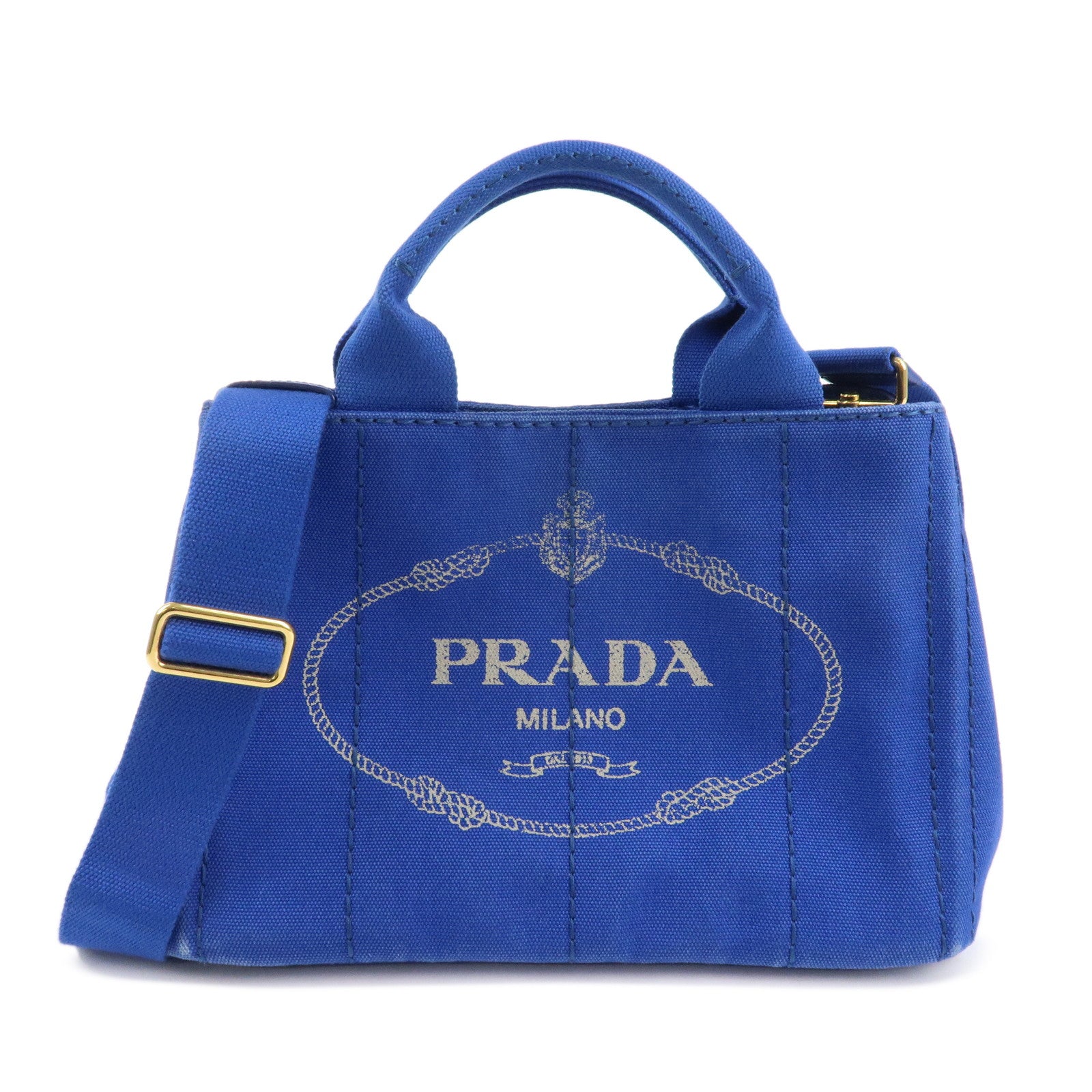 PRADA Logo Canapa Mini Canvas 2Way Tote Shoulder Bag Blue BN2439 Used