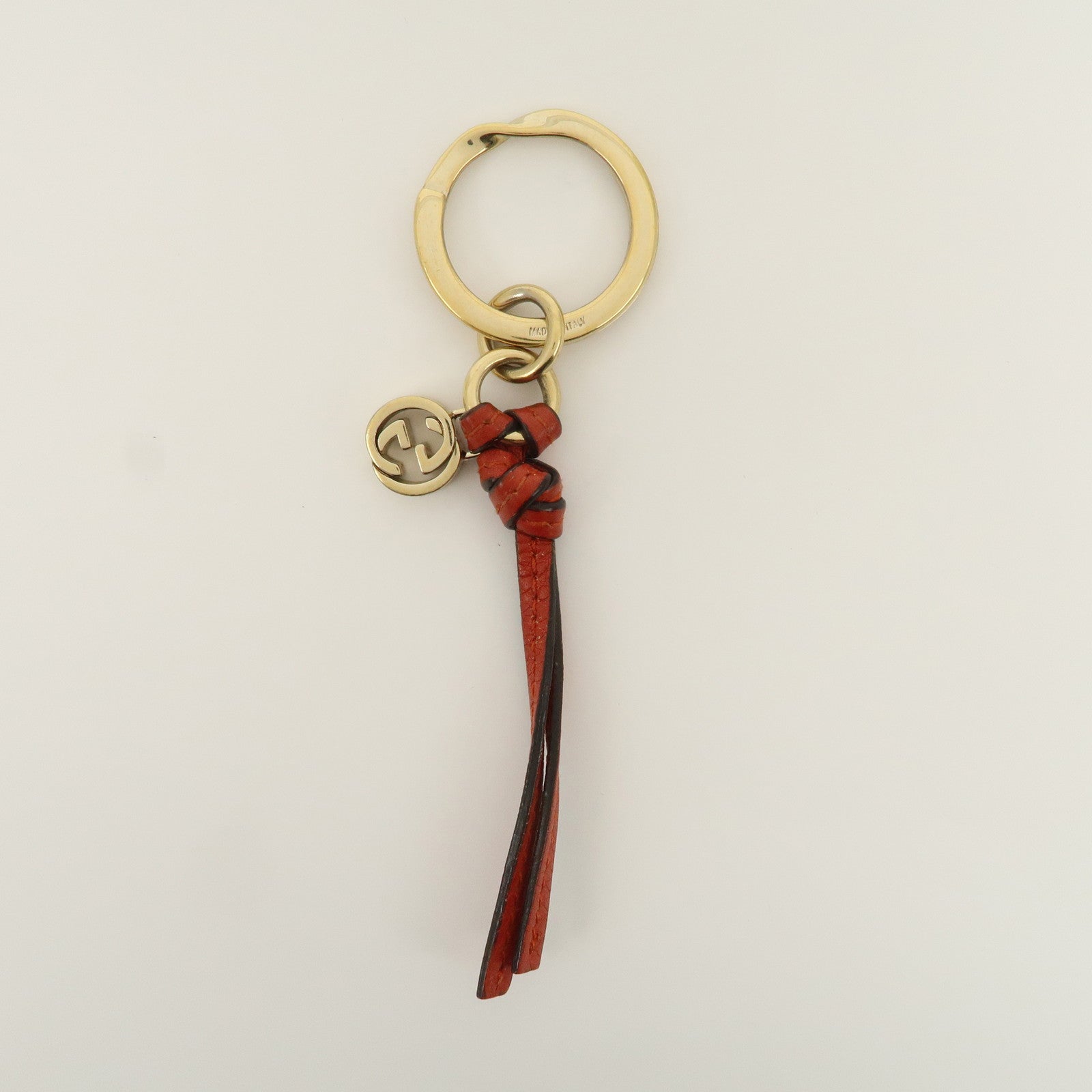 GUCCI Interlocking G Leather Metal Bag Charm Key Chain Orange Gold