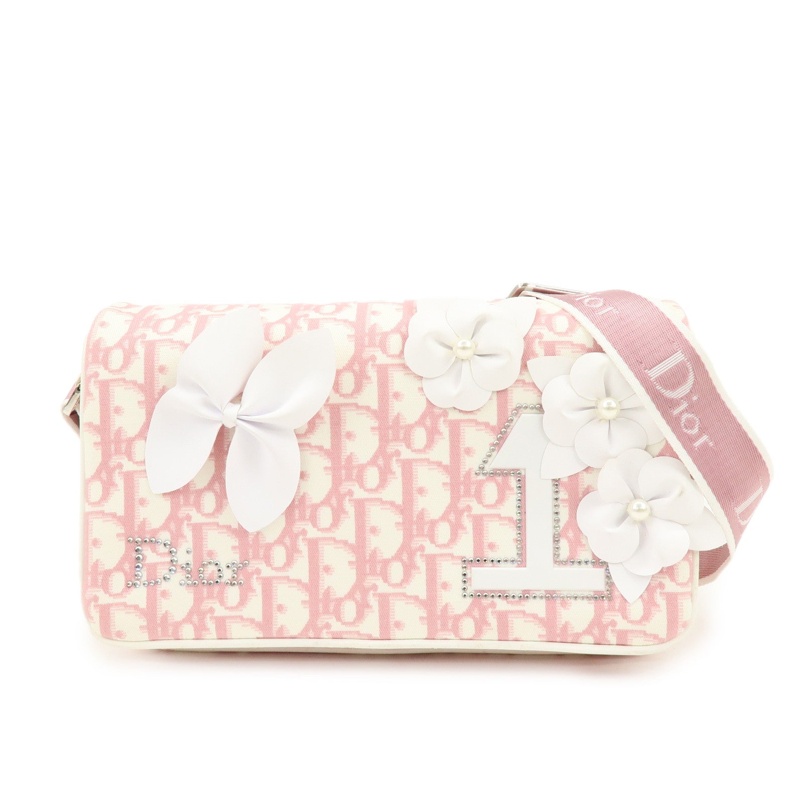 Christian Dior Trotter Canvas Rhinestone Leather Shoulder Bag Pink