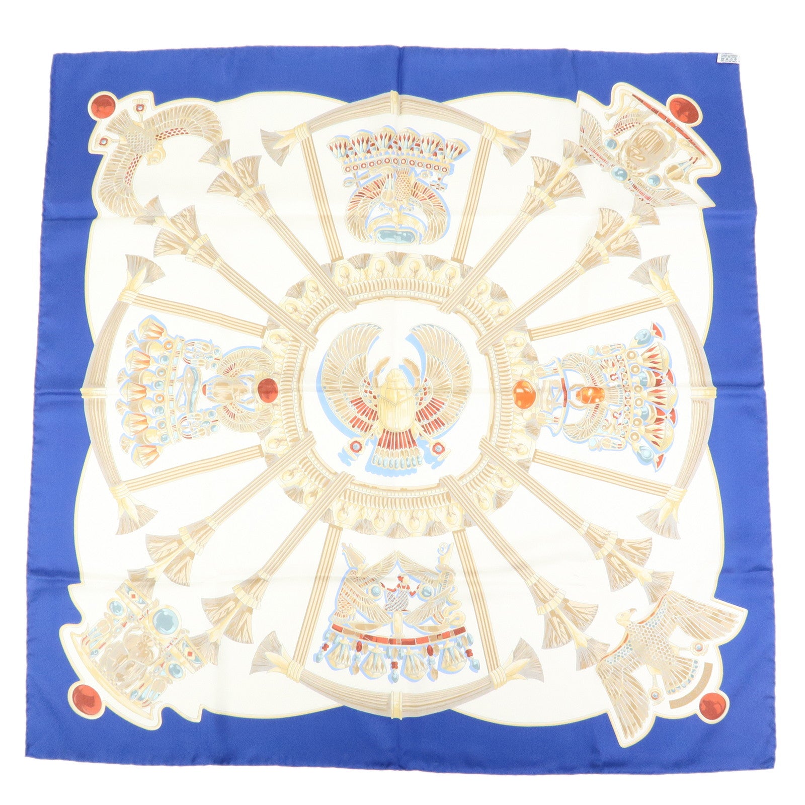 HERMES Carre 90 Silk100% Caty Ancient Egypt Scarab Scarf Blue White