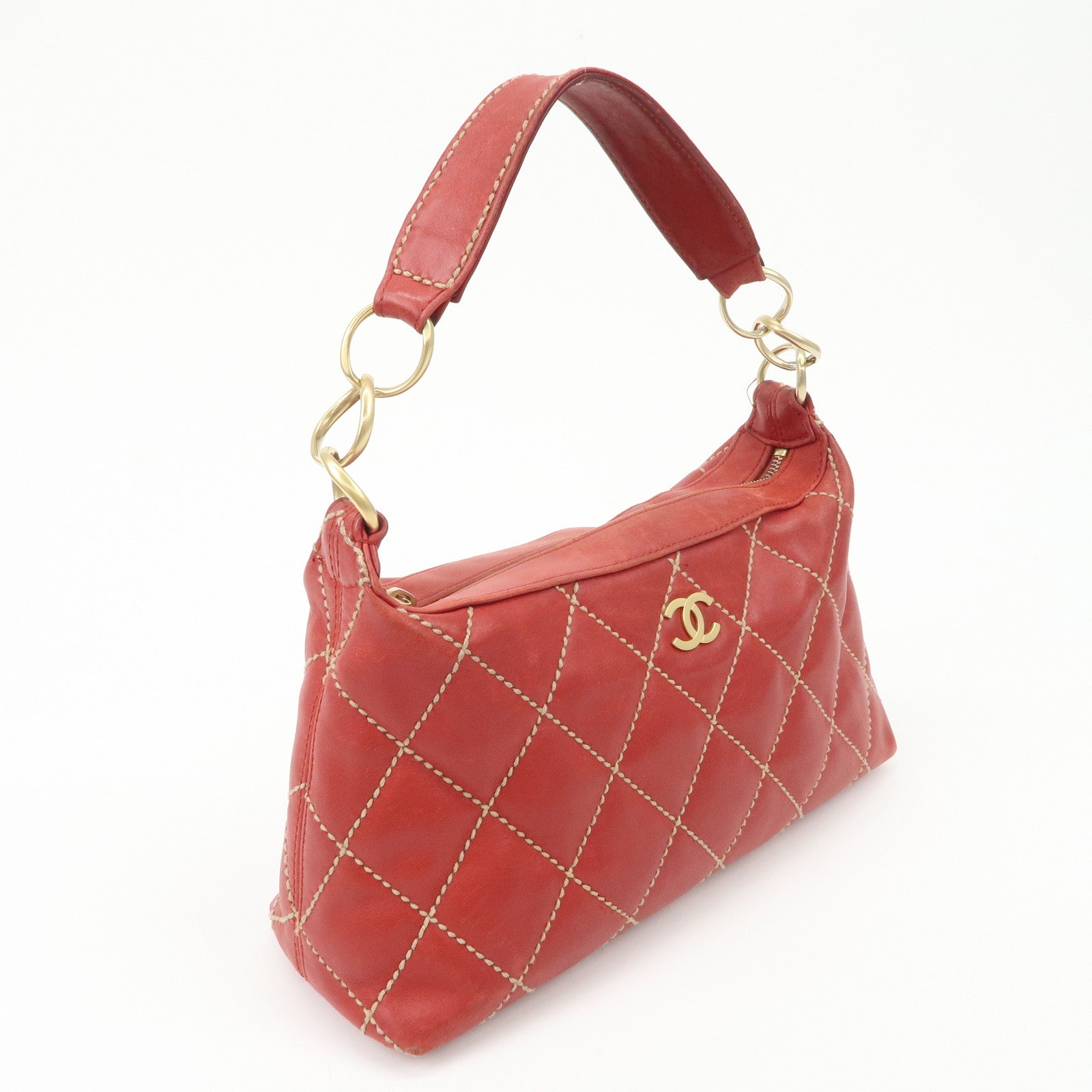 CHANEL COCO Mark Wild Stitch Lamb Skin Leather Hand Bag Red