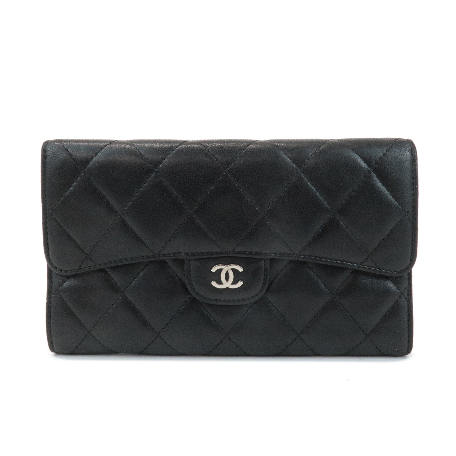 CHANEL Matelasse Lamb Skin Tri-Fold Long Wallet Black A31506 Used