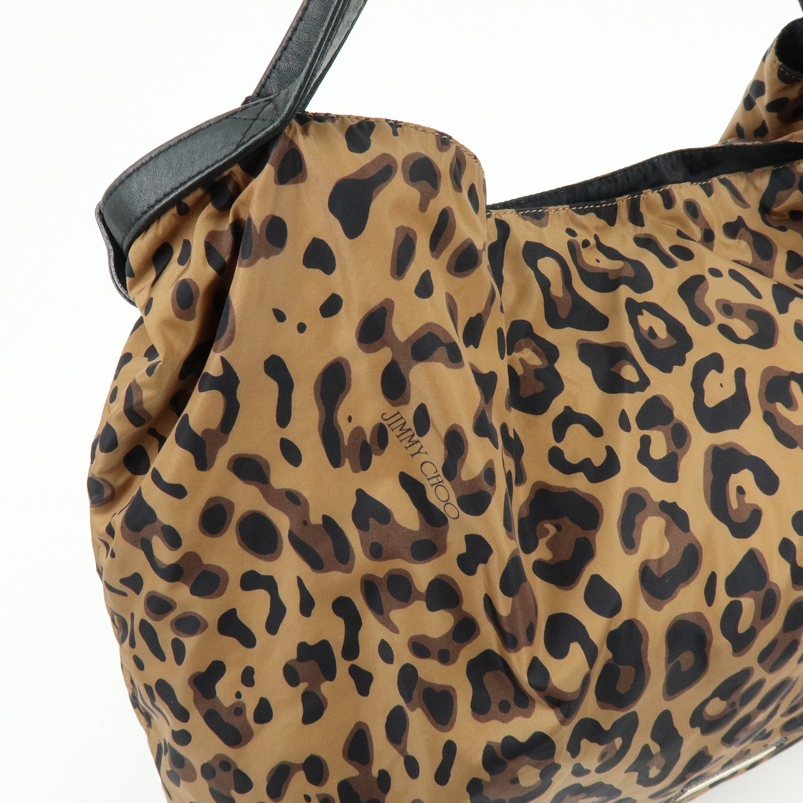 JIMMY CHOO Nylon Leather Shoulder Bag Hand Bag Animal Print Brown