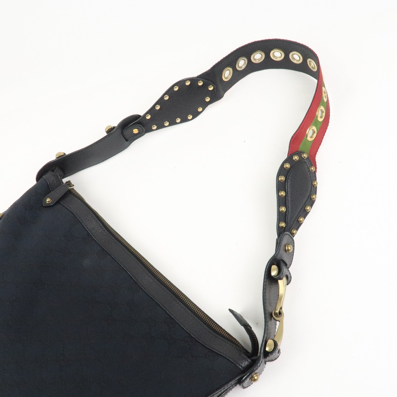 GUCCI Sherry GG Canvas Leather Studs Shoulder Bag Black 144011