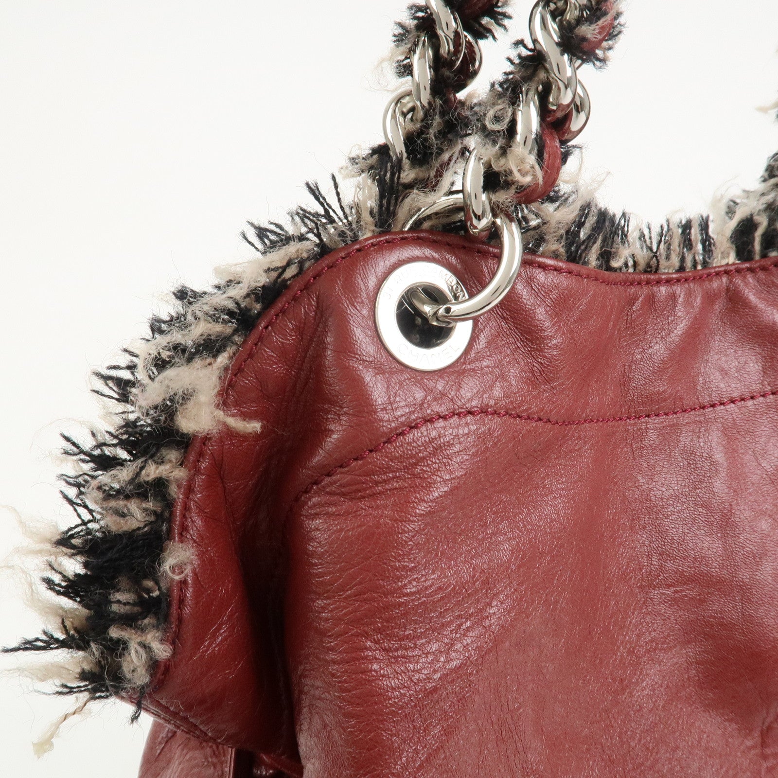 CHANEL Leather Tweed Chain Shoulder Tote Bag Bordeaux A49559