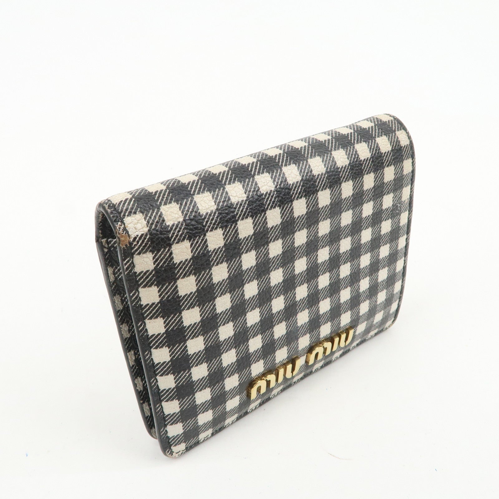 MIU MIU Plaid Leather Compact Bi-fold Wallet Black Ivory 5MV204