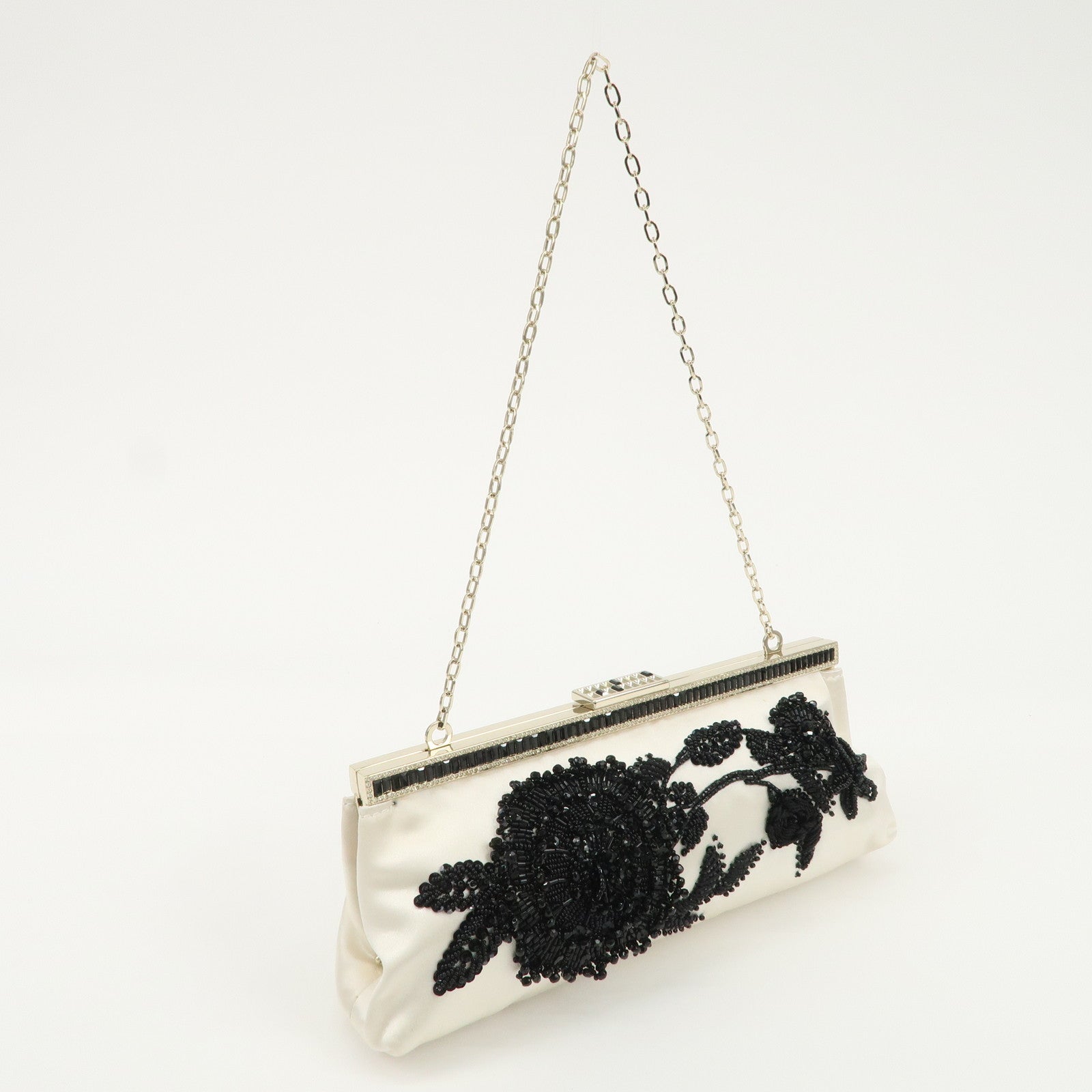 VALENTINO Silk Beads Chain Shoulder Bag Hand Bag White Black Used