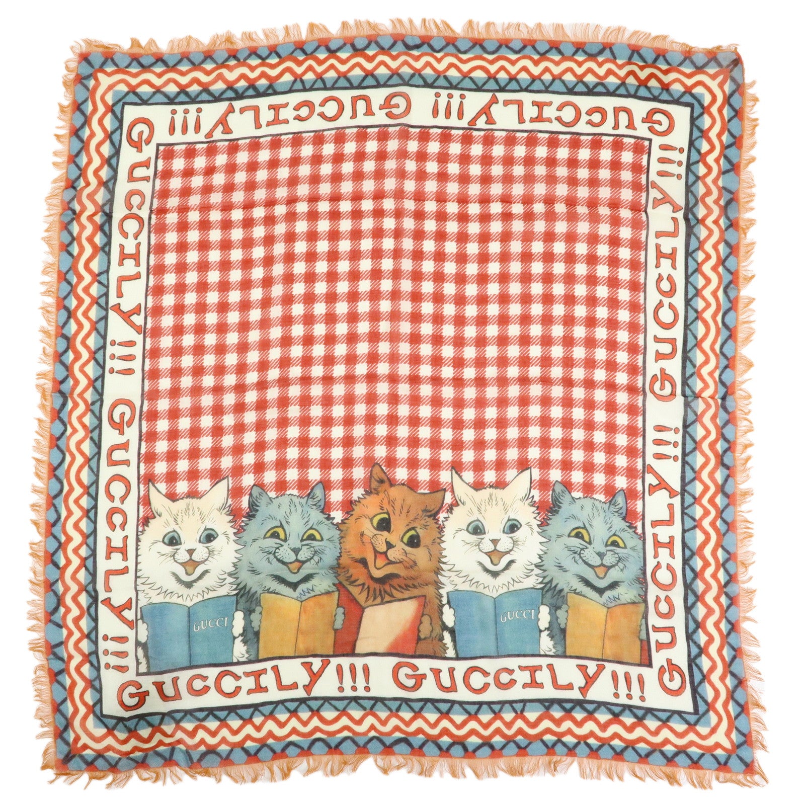 GUCCI Rayon Silk Scarf 5 Cats Print Gingham Red