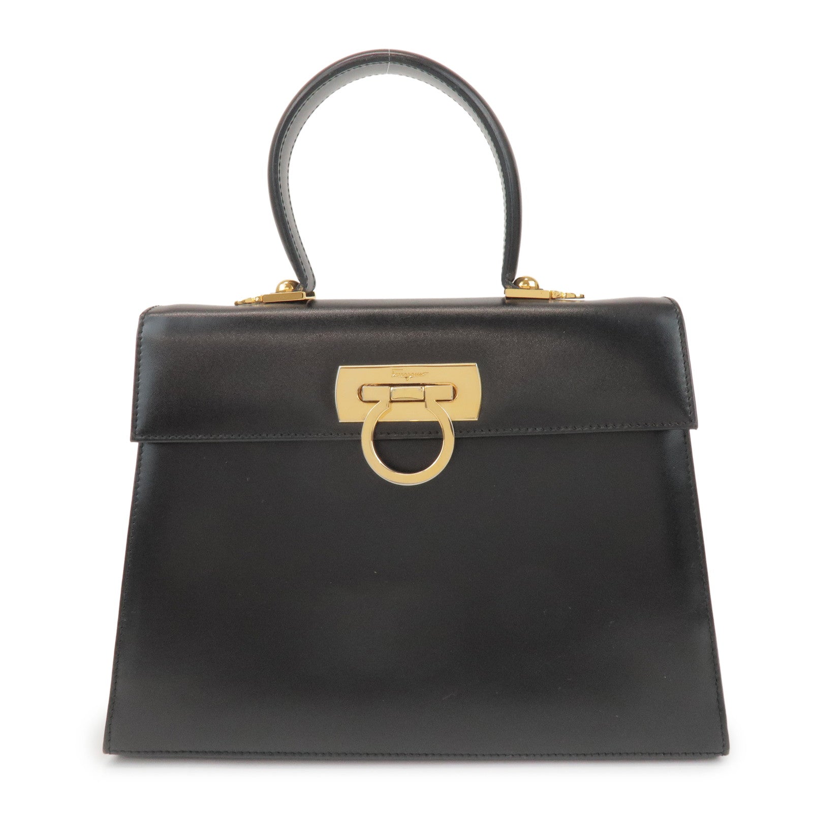 Ferragamo Gancini Calf Leather 2Way Bag Hand Shoulder Bag Black