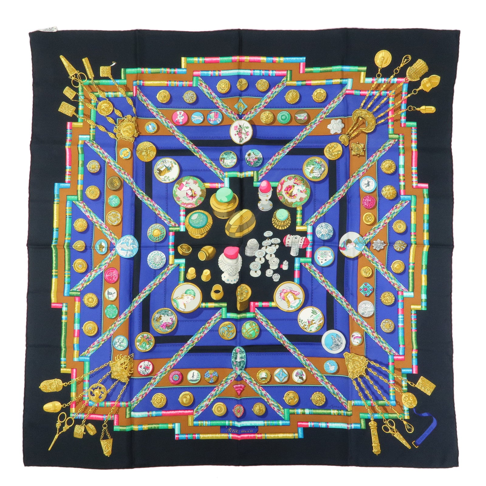 HERMES Carre 90 Silk 100% Scarf Petite main Black Multicolor