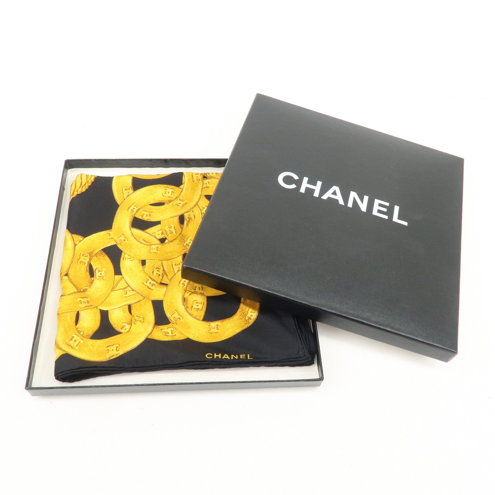 CHANEL COCO Mark Silk 100% Scarf Chain Pattern Black Gold Used