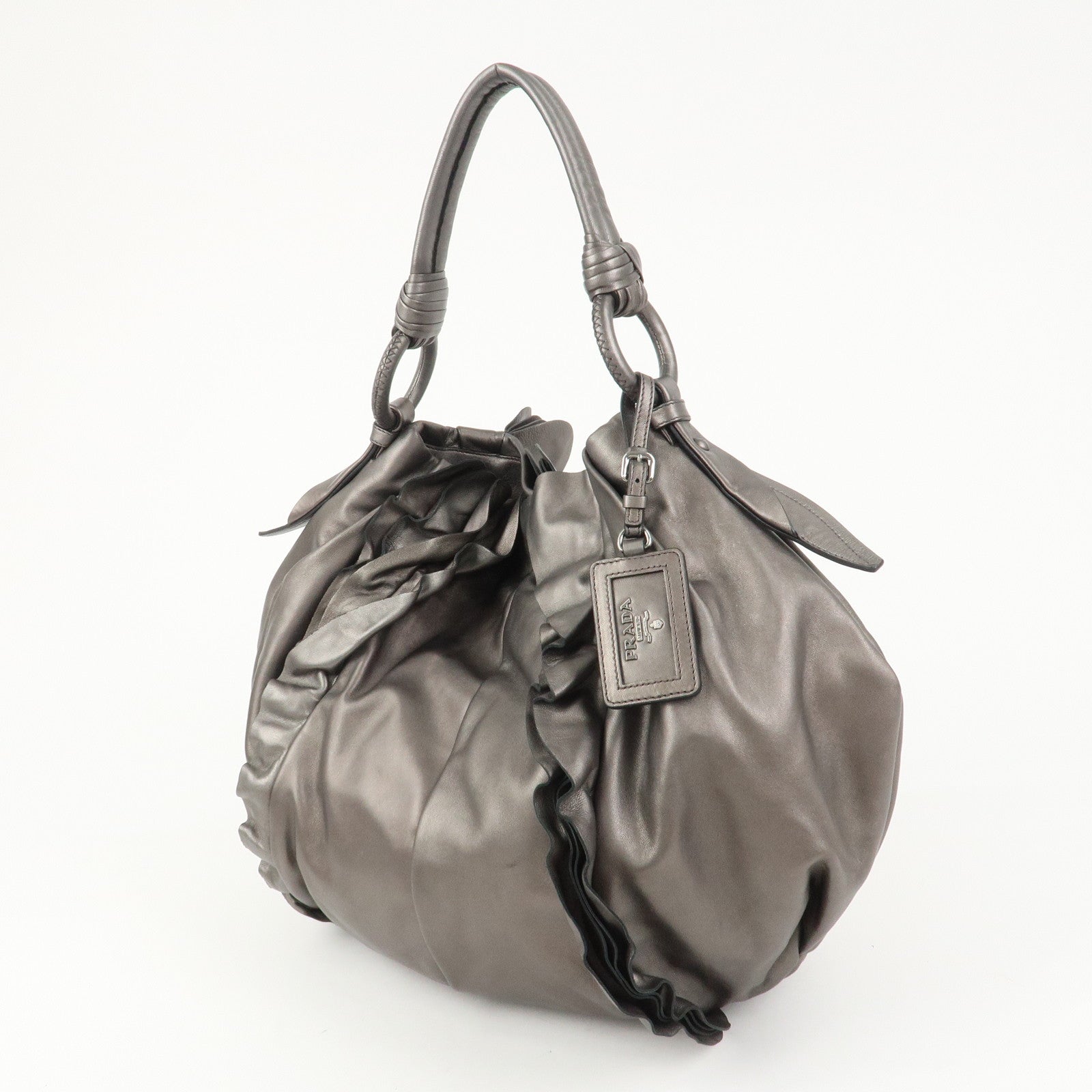 PRADA Logo Frilled Leather Shoulder Bag Hand Bag Bronze BR3993