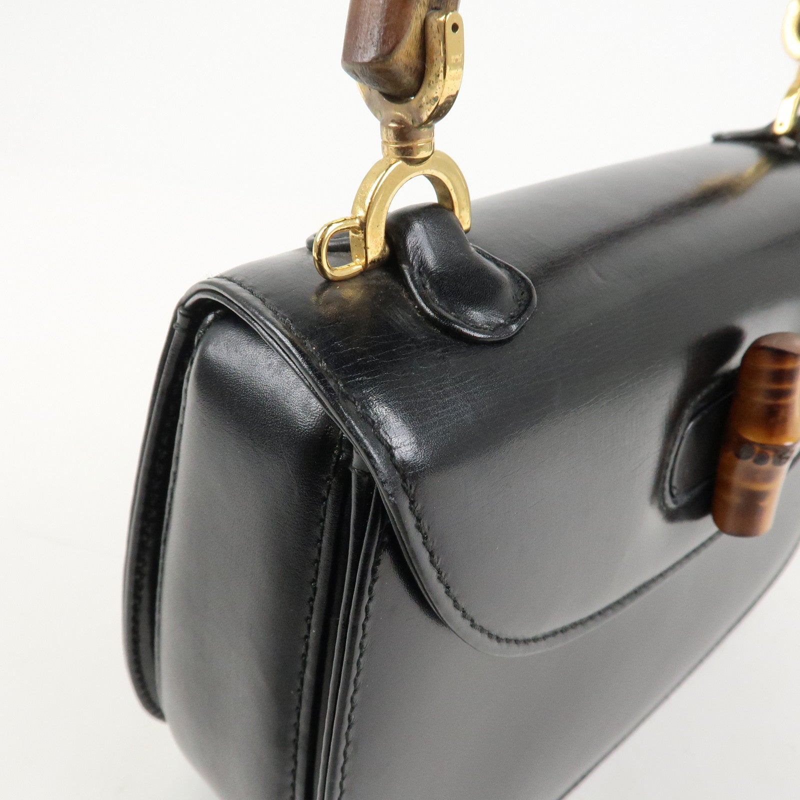 GUCCI Bamboo Logo Leather 2WAY Bag Hand Bag Black 000 2046