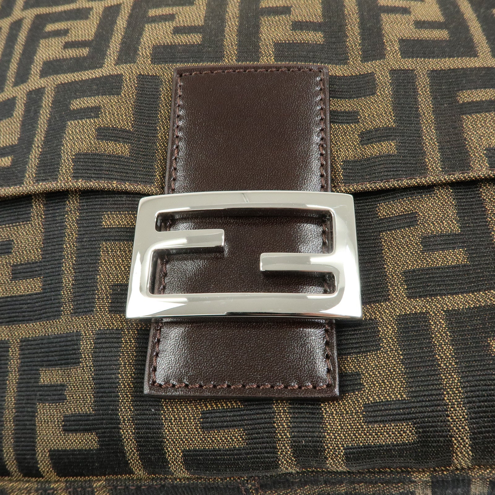 FENDI Mamma Baguette Zucca Canvas Leather Shoulder Bag Brown 26325