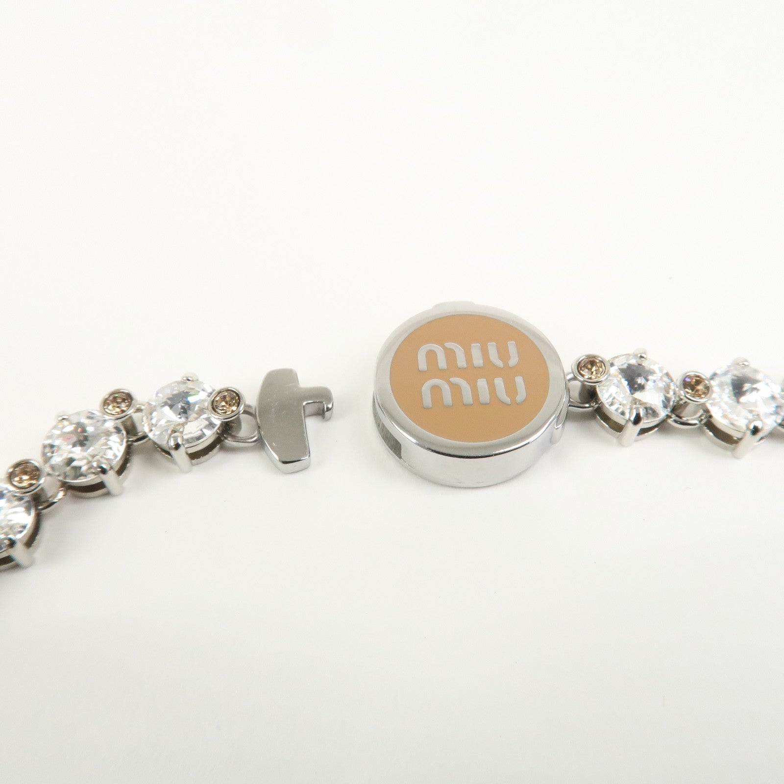 MIU MIU Logo Rhinestone Metal Necklace Choker Silver